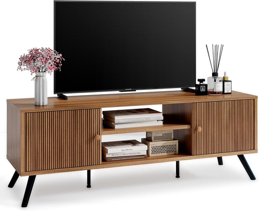 COMHOMA TV Stand for Living Room, Mid Century Modern Entertainment Center for 55/60/65 Inch TVs, Retro Brown TV Console with Fluted Door Cabinets and Open Adjustable Shelve Storage for Bedroom