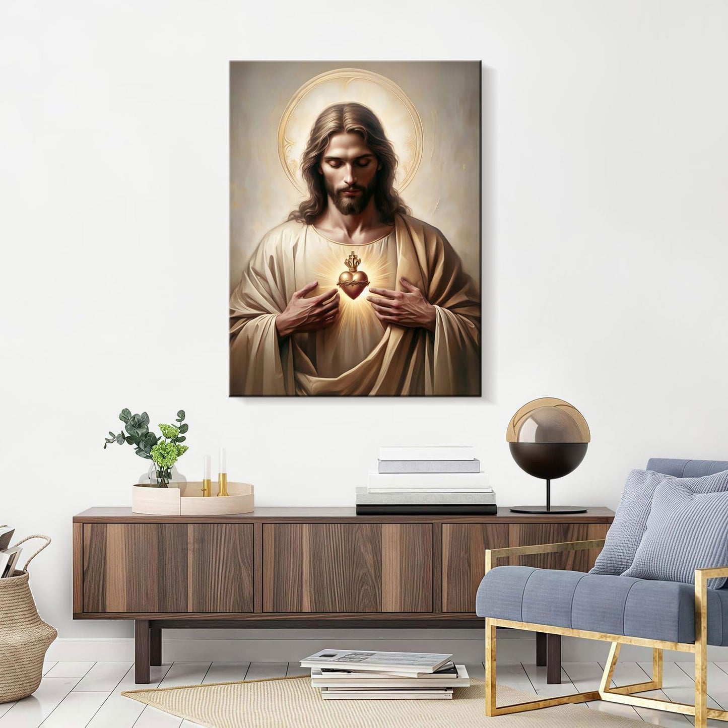 Framed Jesus Sacred Heart Religious CatholicWall Art Decor Canvas Print Print Poster Artwork Christian Home Decor Gallery for Bedroom Living Room 12x16 Inch Ready to Hang