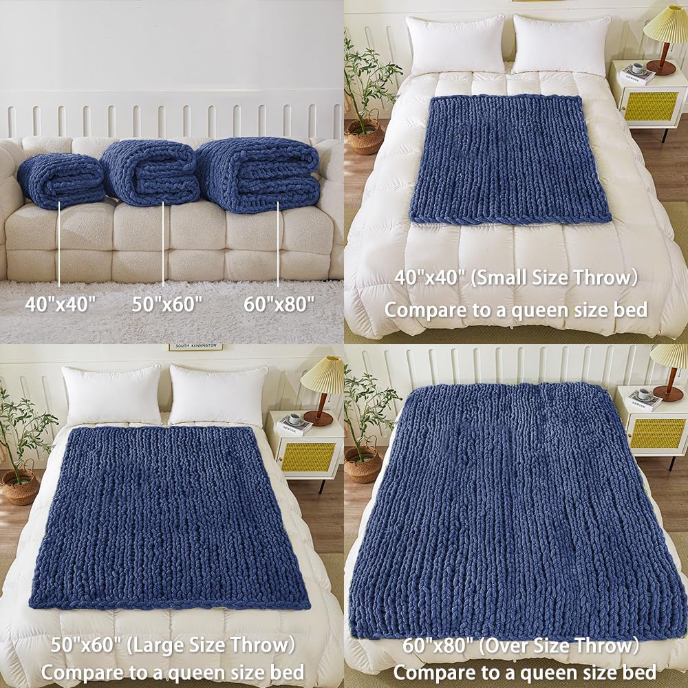 WESHIONGOO Chunky Knit Blanket Throw 50"×60" Knitted Throw Blankets for Couch Bed Fluffy Soft Blanket with Jumbo Chenille Yarn Thick 100% Handmade (Navy Blue)