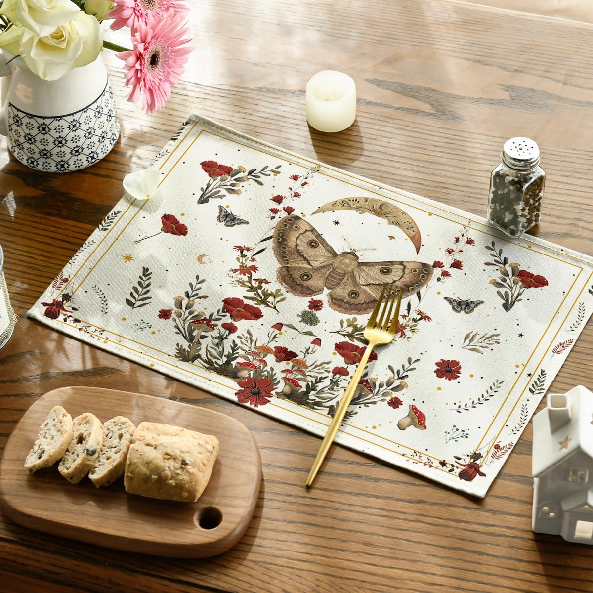 Artoid Mode Beige Poppy Moth Moon Placemats Set of 4, 12x18 Inch Floral Spring Table Mats for Outdoor Home Party Kitchen Dining Decor