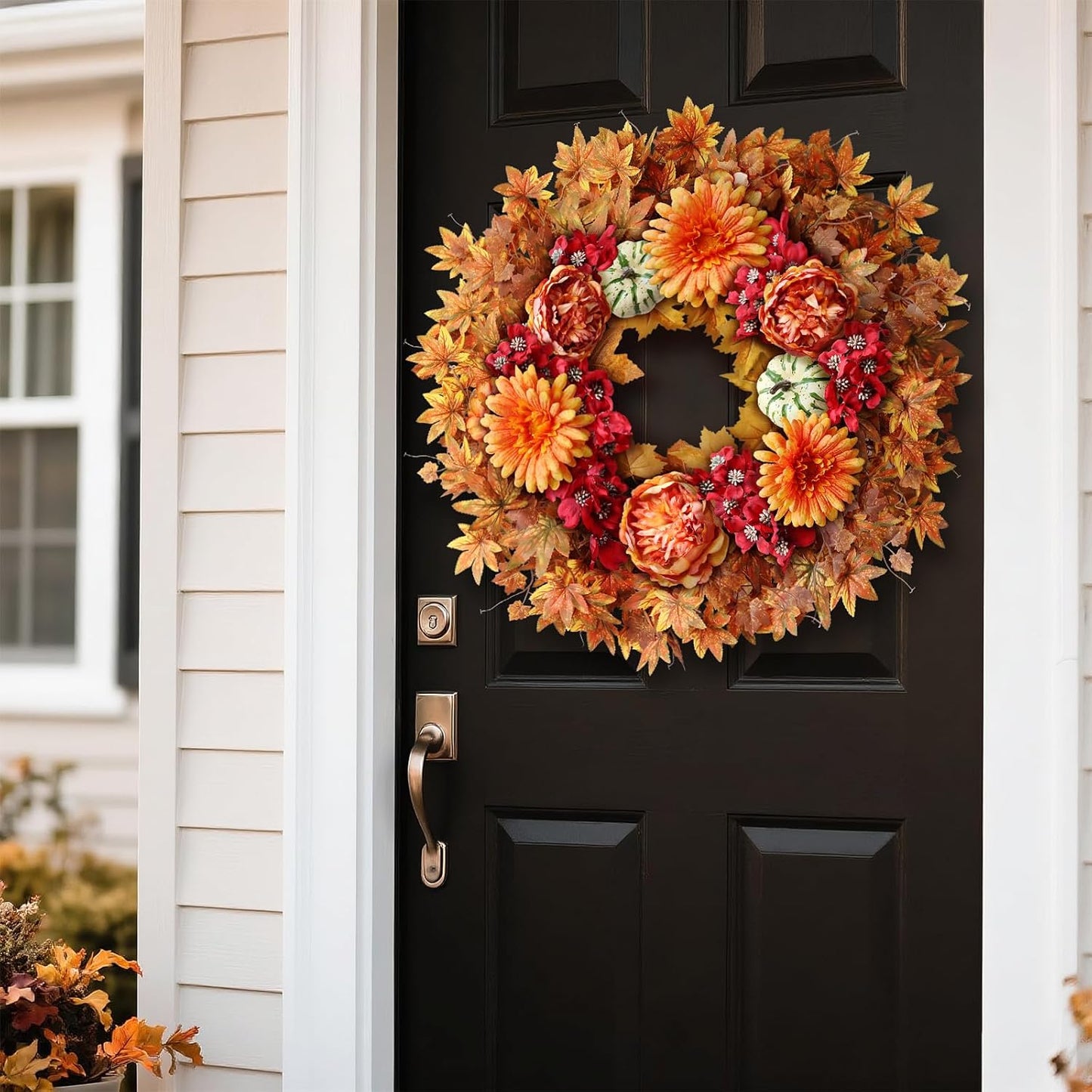 26" Fall Wreath for Front Door - Large Artificial Maple Leaves Fake Silk Peony Faux Pumpkin Outdoor Wreath for Porch, Window,Farmhouse,Home,Thanksgiving Day Harvest Festival Autumn Decor