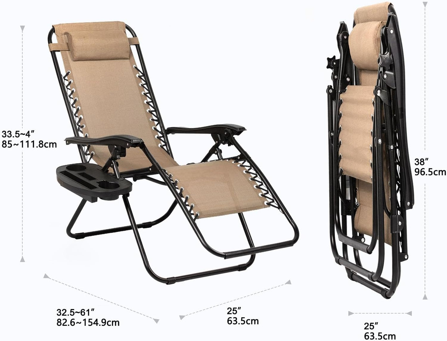 Nazhura Set of 2 Relaxing Recliners Patio Chairs Adjustable Steel Mesh Zero Gravity Lounge Chair Beach Chairs with Pillow and Cup Holder Khaki (Kahki)