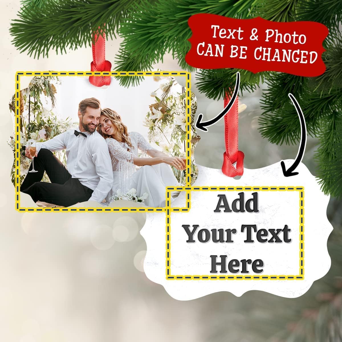 Personalized Photo Christmas Ornaments Custom Metal Aluminum Ornament 2 Sides with Picture & Text - Xmas Tree Hanging Decorations Gifts for Couple Family Best Friends