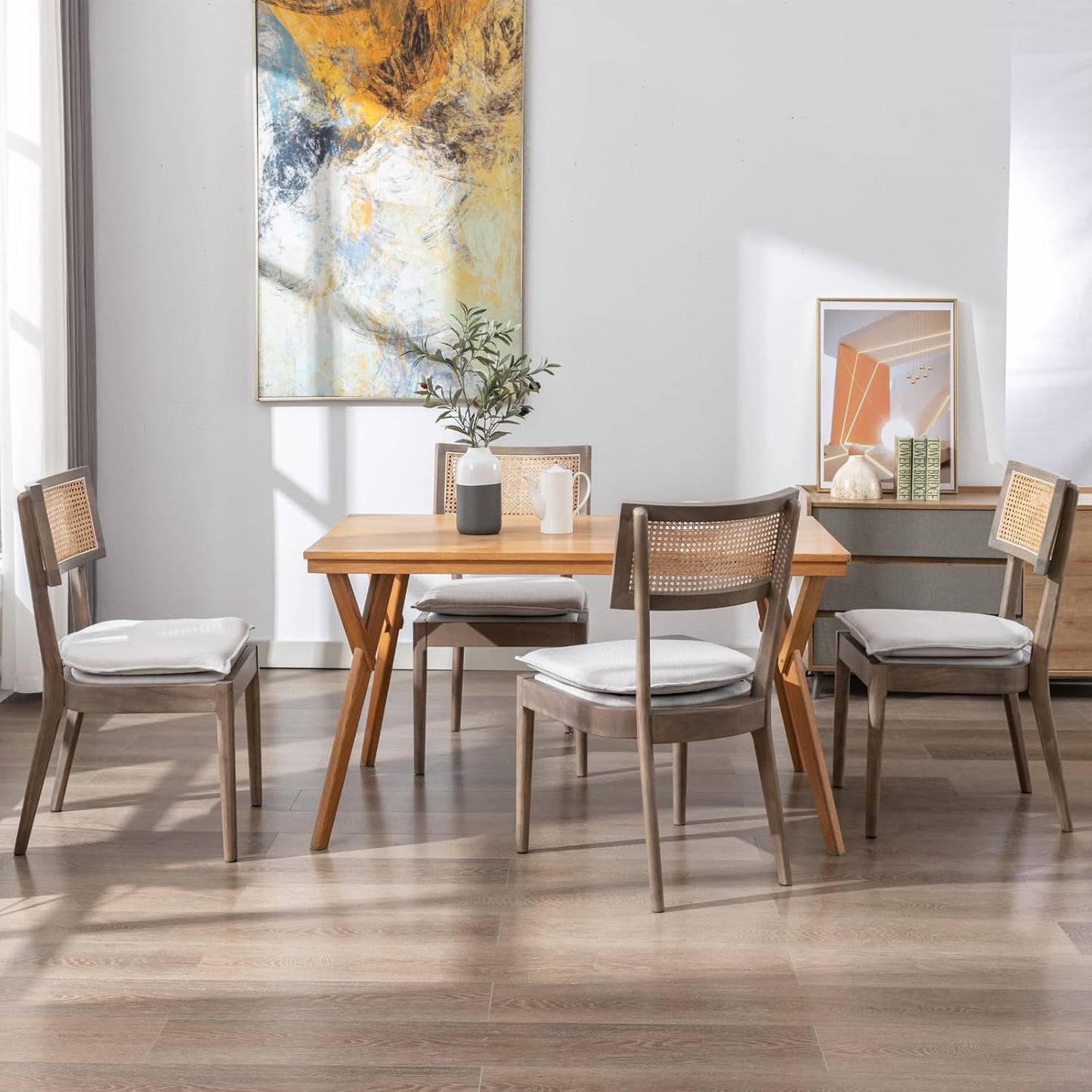 Rattan Dining Chairs Set Of 2 , Mid Century Modern Upholstered Cane Back Chairs with Removable Linen Cushion , Retro Farmhouse Natural Wooden Kitchen & Dining Room Chairs for Restaurant Living Room