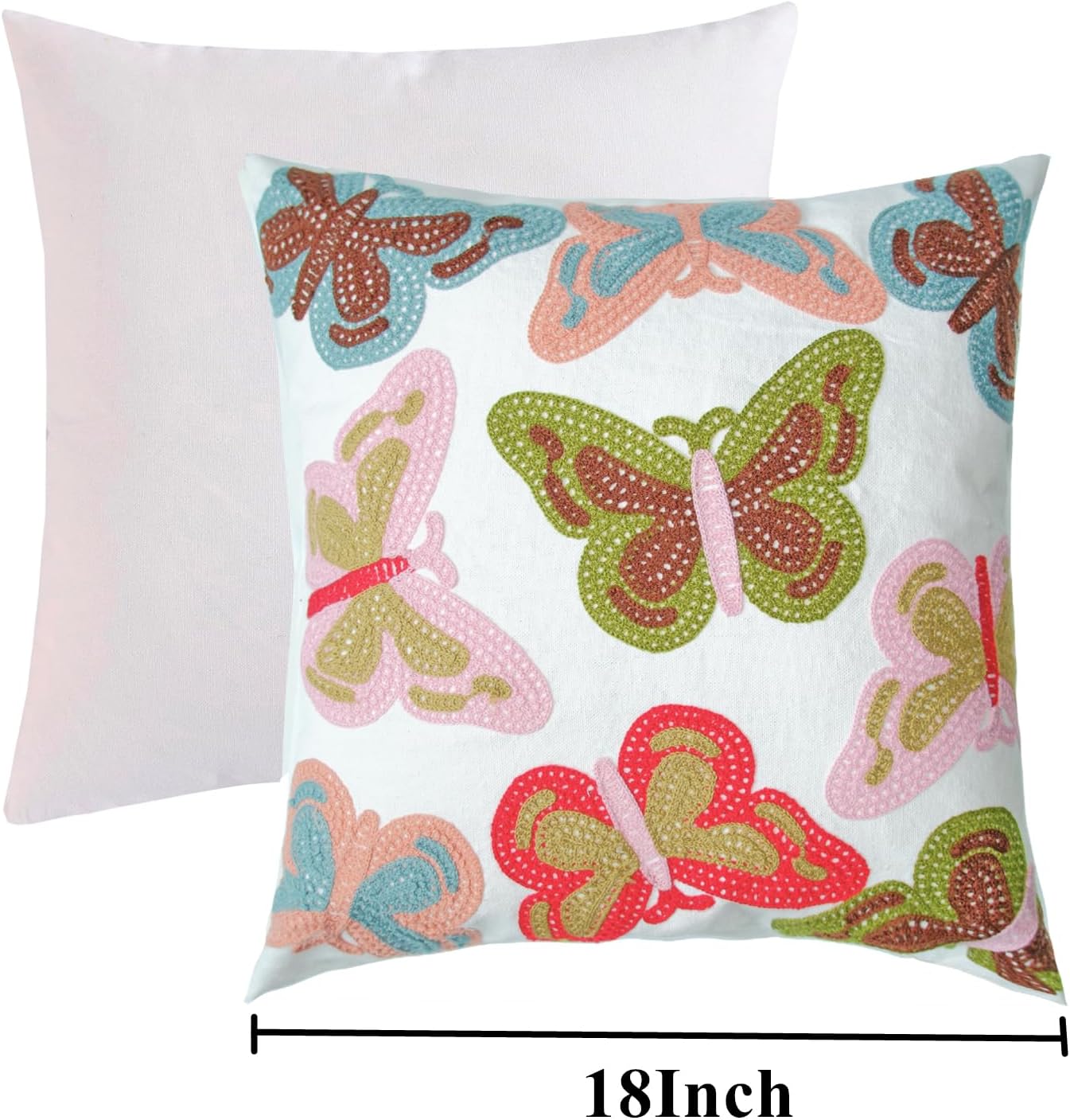 Embroidered Decorative Throw Pillow Cover, 18"x18" Set of 2, Farmhouse Pillowcase Colorful Butterfly Knit Pattern Cotton Canvas Cushion Case Square Floral Pillow Case for Sofa Couch Bed Living Room