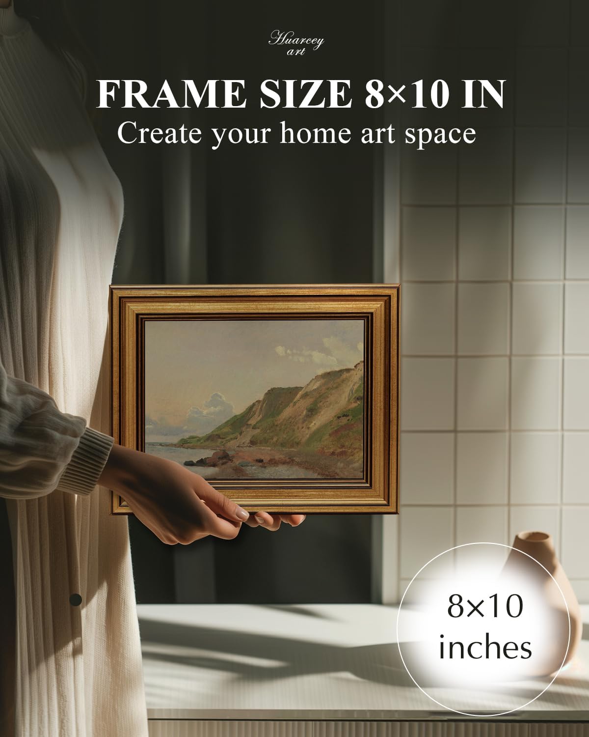 HUARCEY Gold Framed Vintage Wall Art for Living Room Canvas Coastal Wall Pictures Classic Landscape Painting Shelf Decor Natural Aesthetic Room Decoration Elegant Artwork Print for Bathroom, Bedroom