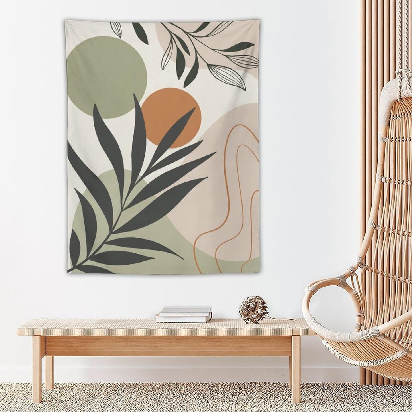 Abstract Bohemian Mid Century Tapestry, Tropical Leaves Modern Geometric Archway Minimalist Bohemian Botanical Aesthetic Wall Hanging, Sage Green Gold Home Decor Art for Bedroom 50x60 Inch