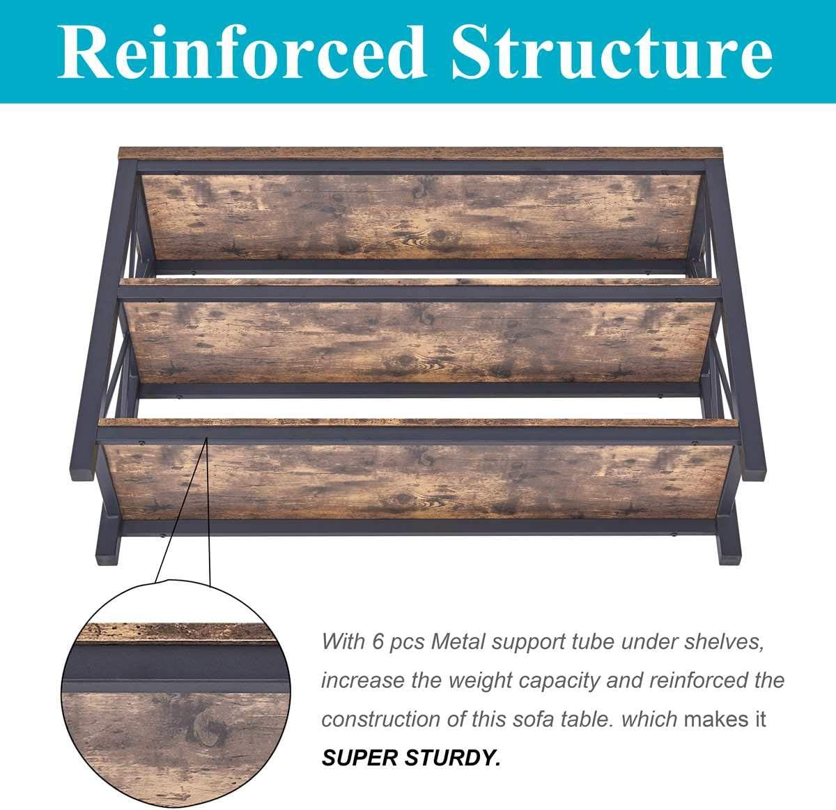 BON AUGURE Industrial Sofa Console Table for Entryway, 3 Tier Foyer Table for Hallway, Rustic Hall Tables Behind Couch (47 Inch, Rustic Brown)