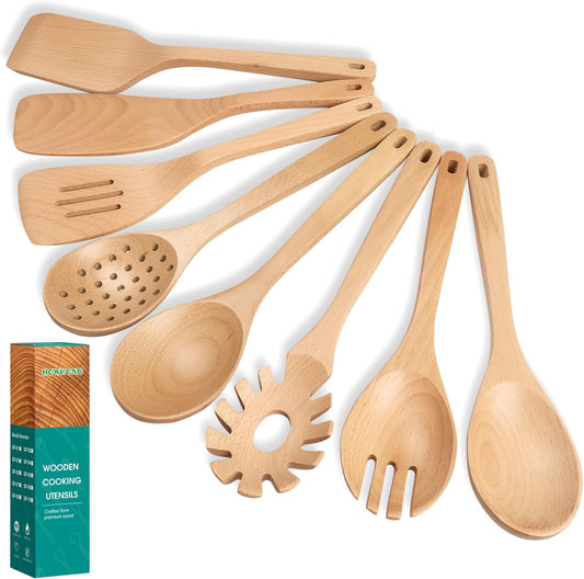 Wooden Spoons for Cooking, 8 Pcs Beech Wood Wooden Kitchen Cooking Spoon Utensil Tools Set Includes Spatula Skimmer Pasta Scoop Non-Stick Cookware Safe by HOWHONG