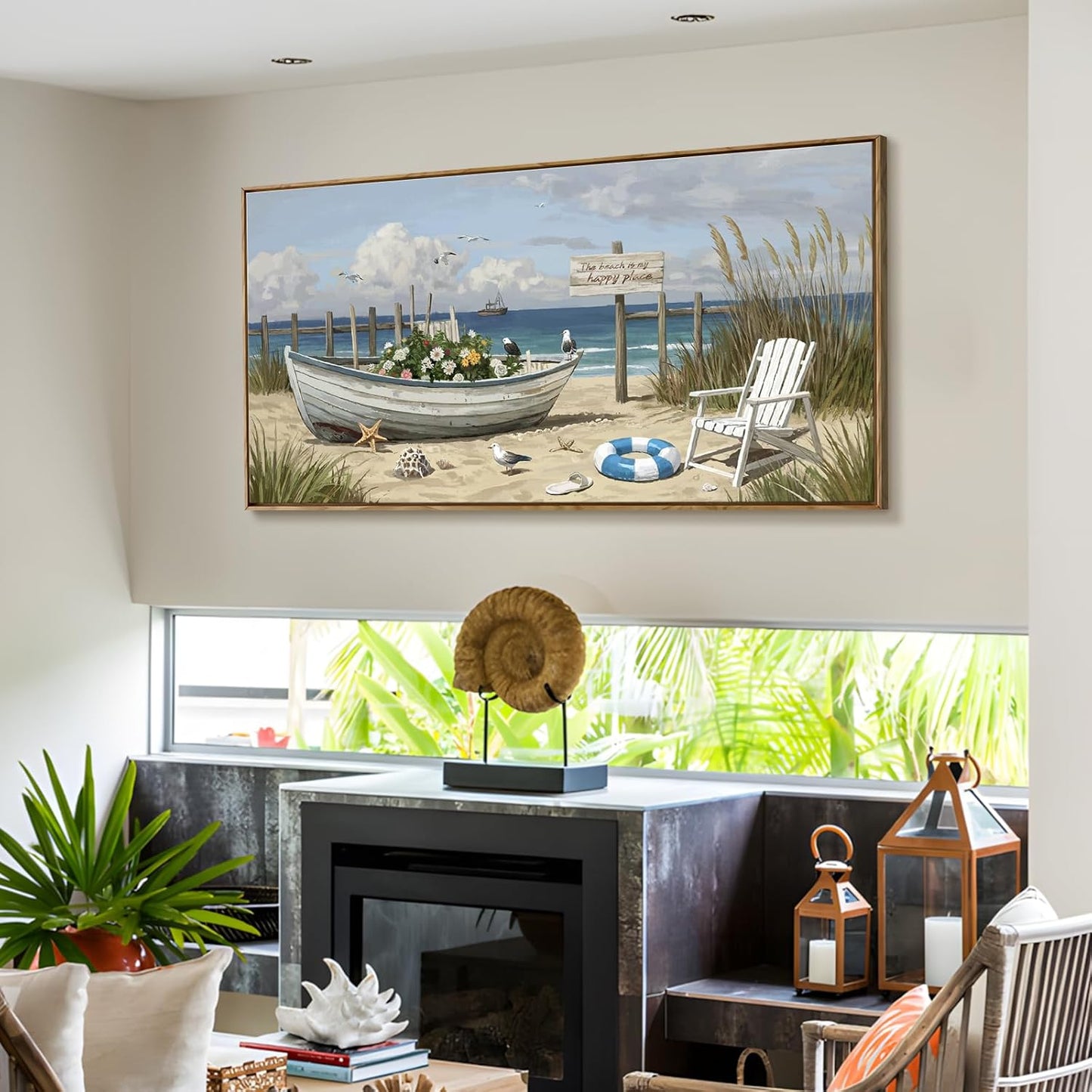 amatop Large Framed Wall Art for Living Room Nautical Beach Canvas Print Blue Flower Boat on Sandy Shore Ocean Seaside Landscape Coastal Artwork with Sea Birds Rustic Bedroom Office Home Decor 48×24 Inch