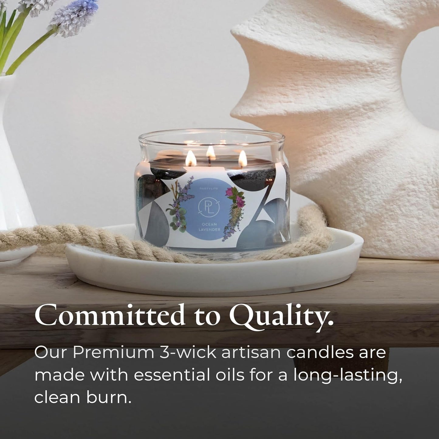 PartyLite Ocean Lavender Scented, Notes of Vanilla Sea Salt, Driftwood, Sea Moss, Patchouli & Eucalyptus, 13.2oz 3-Wick Jar Candle, 45 Hour Burn Time, Luxurious Fragrance, Ideal for Gifting