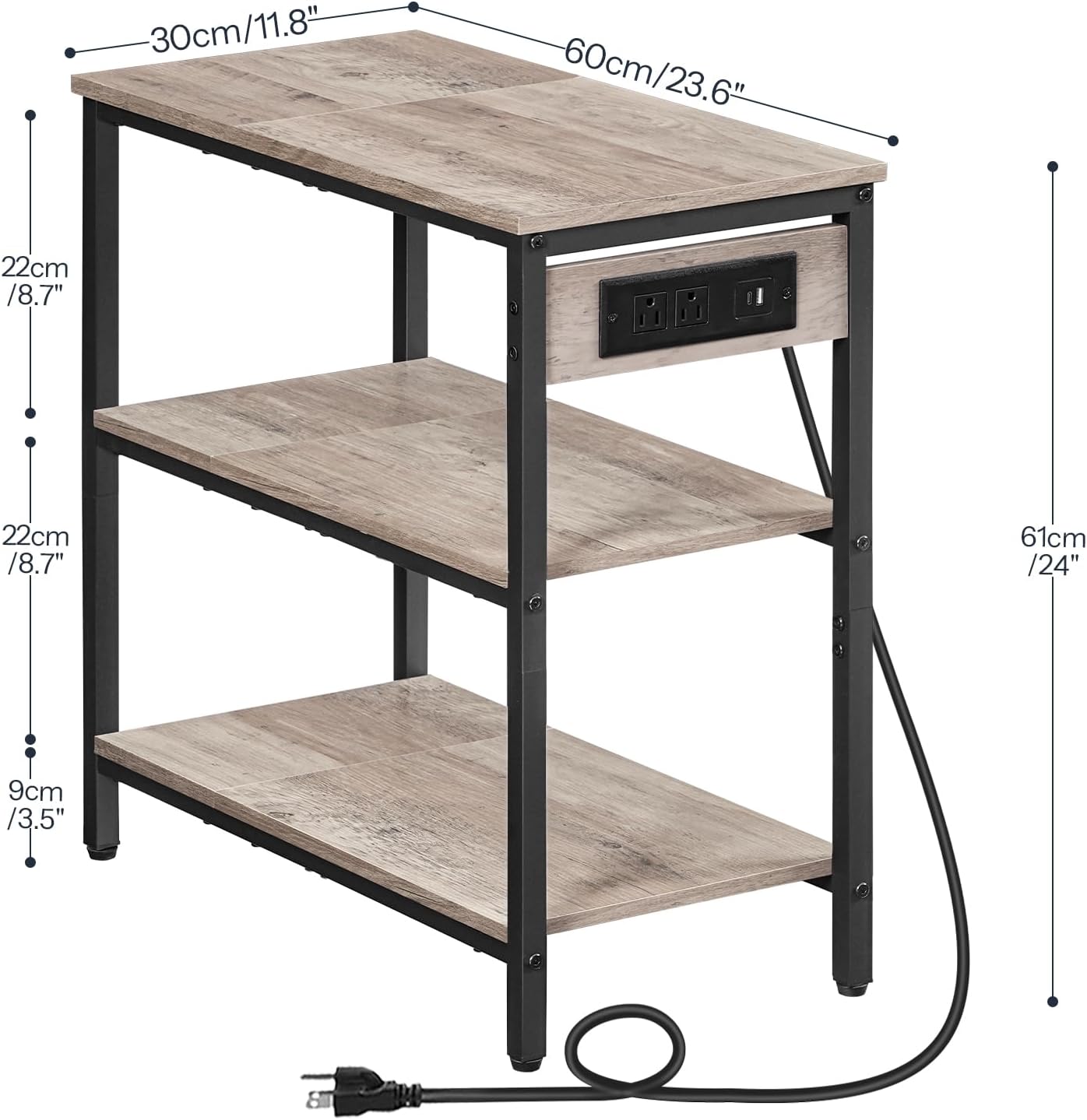 HOOBRO End Table with Charging Station, Simple Rustic Side Table with 3-Tier Storage Shelf, Narrow Nightstand for Small Spaces, for Living Room, Industrial Design, Greige and Black BG149UBZ01