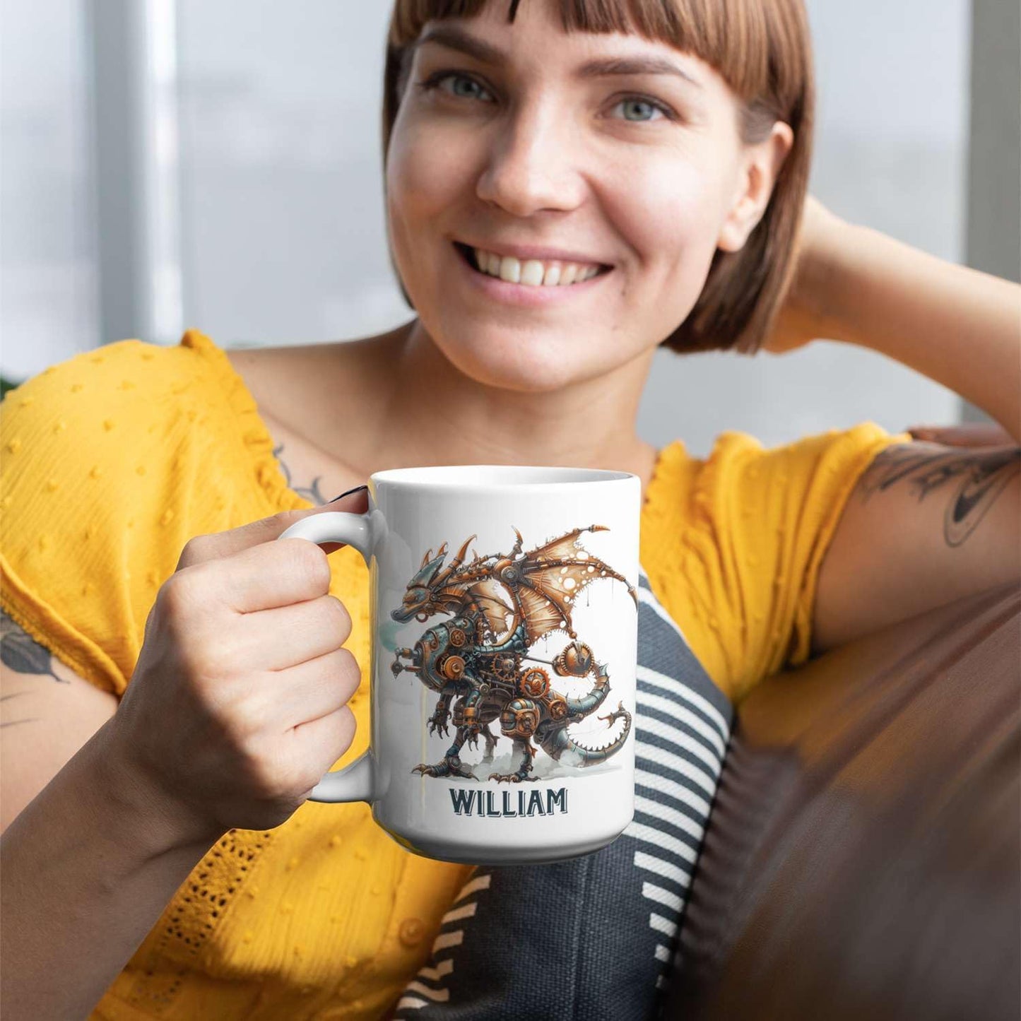 Personalized Name Dragon Lover Ceramic Mug 15oz, Custom Mechanical Dragon Design Coffee Cup, Unique Dragon Mug Gift For Fantasy Enthusiasts, Customized Kid Cup On Birthday, Holiday