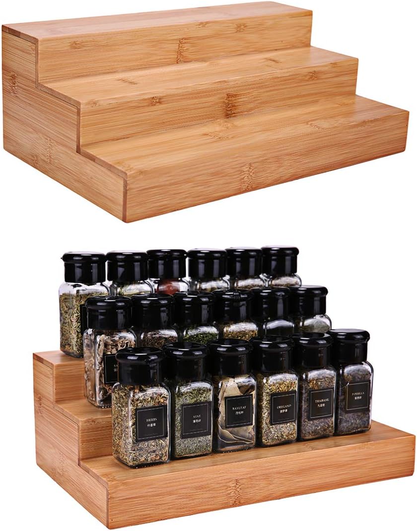 Step Spice Rack Set Cabinet Shelf Spice Holder, 3-Tier Bamboo Spice Organizers for Cabinet/Pantry/Cupboard/Countertop, Step Display Rack for Toy Suitable for Home/Office, 2 Pack Step Rack