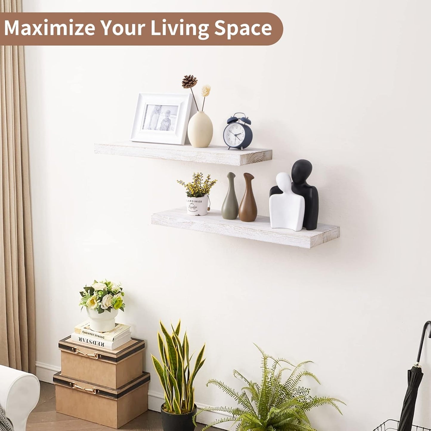 Axeman Floating Shelves for Wall, 24''W x 8''D Rustic Solid Elm Wood Wall Shelves for Storage, Wall Mounted Display Shelving with Invisible Heavy-Duty Metal Bracket (White Wash, 2PCs)