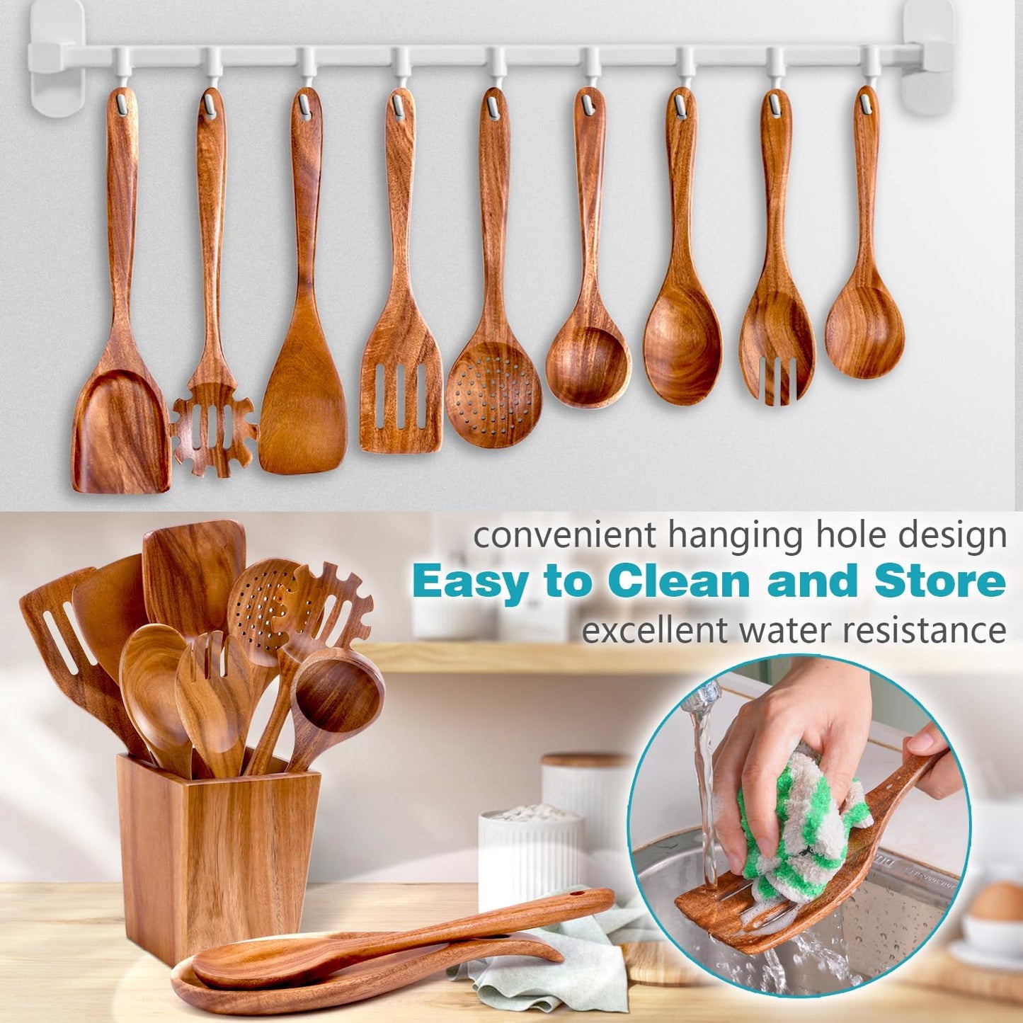 Wooden Spoons for Cooking, Acacia Wood Cooking Utensils Set – 11 Piece Wooden Kitchen Tools with Holder, Spoon Rest, Nonstick Cookware Safe by HOWHONG