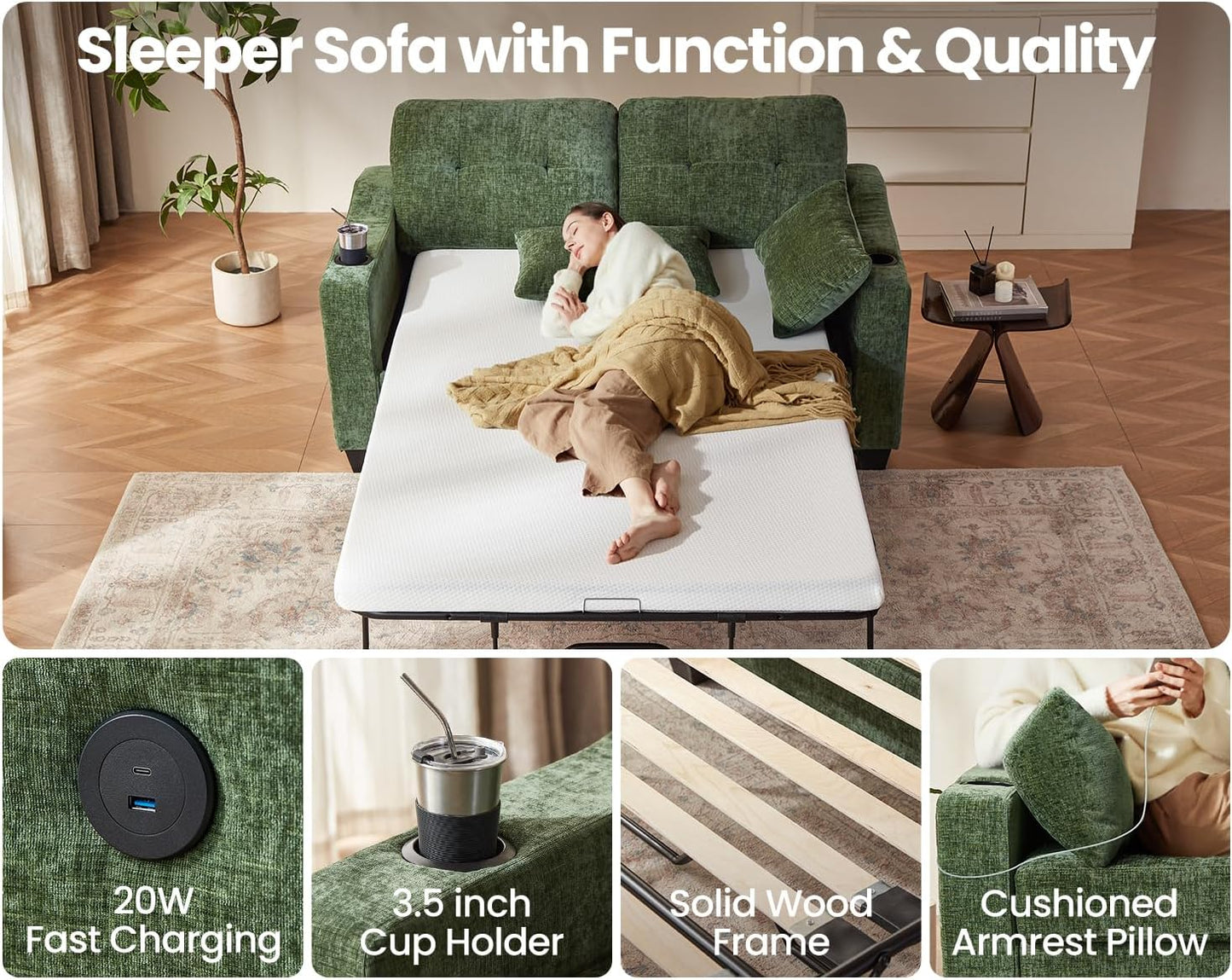 CHIC HOUSE Pull Out Sofa Bed, Full Size Sleeper Sofa, 2-in-1 Convertible Chenille Couch with USB Charging, Memory Form Couch for Living Room, Apartment & Small Space (Green, Chenille - Full)