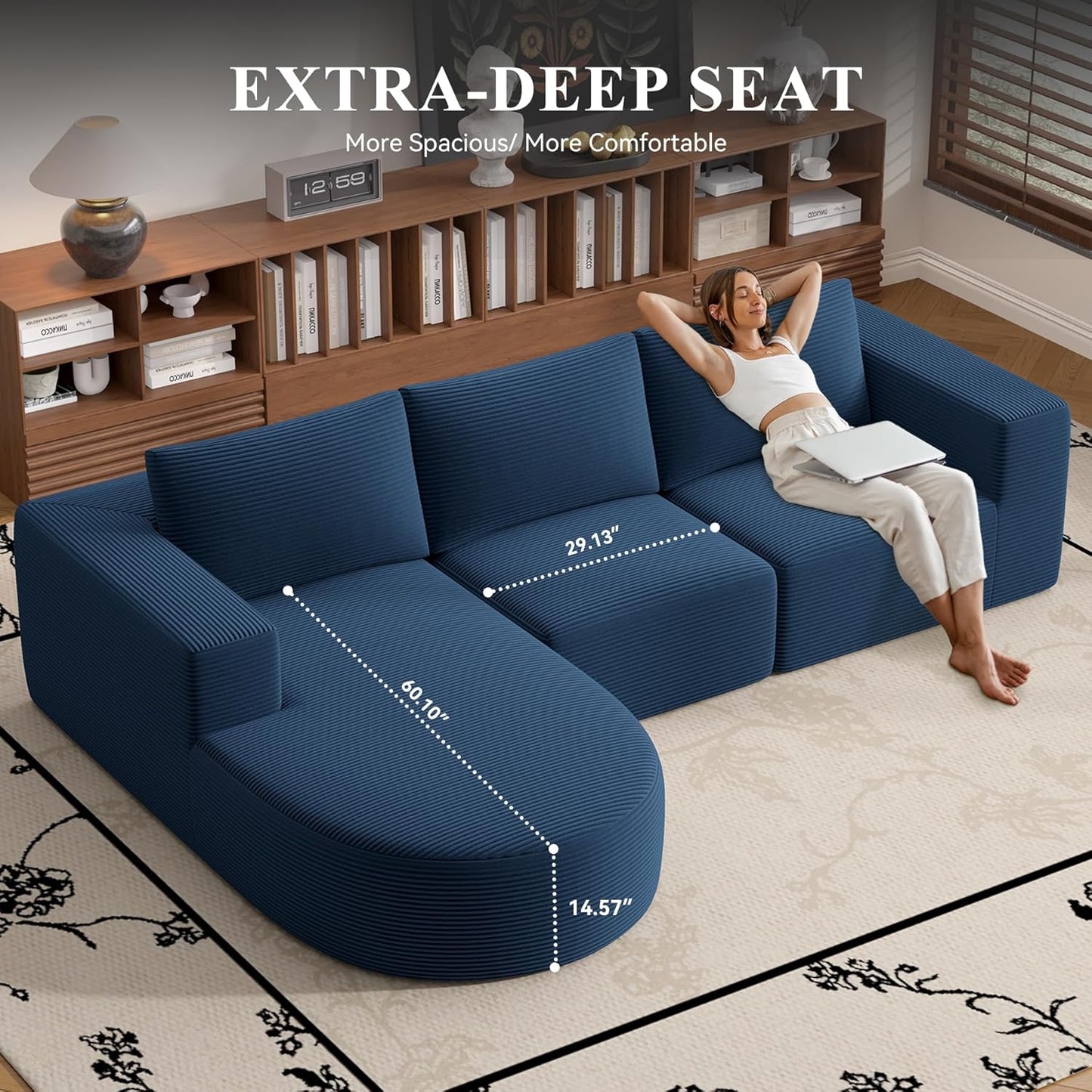 Modular Sectional Sofa with L-Shape Chaise,Cloud Sectional Modern Sleeper Couch with Deep Seat,Sponge Compression Sofas No Assembly Required (Blue-Corduroy Fabric) 1PCS
