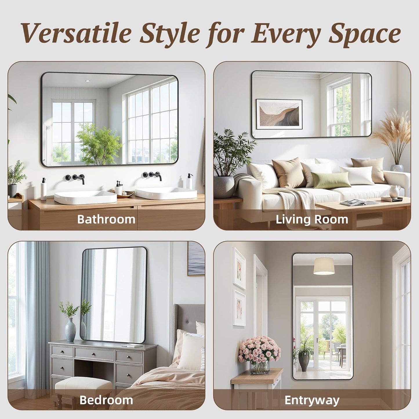 Bathroom Mirror 60" x 36", Large Rectangle Wall Mirror, Silver Metal Frame Wall Mounted Mirrors for Bathroom, Vanity, Bedroom, Entryway Decor(Horizontal/Vertical)