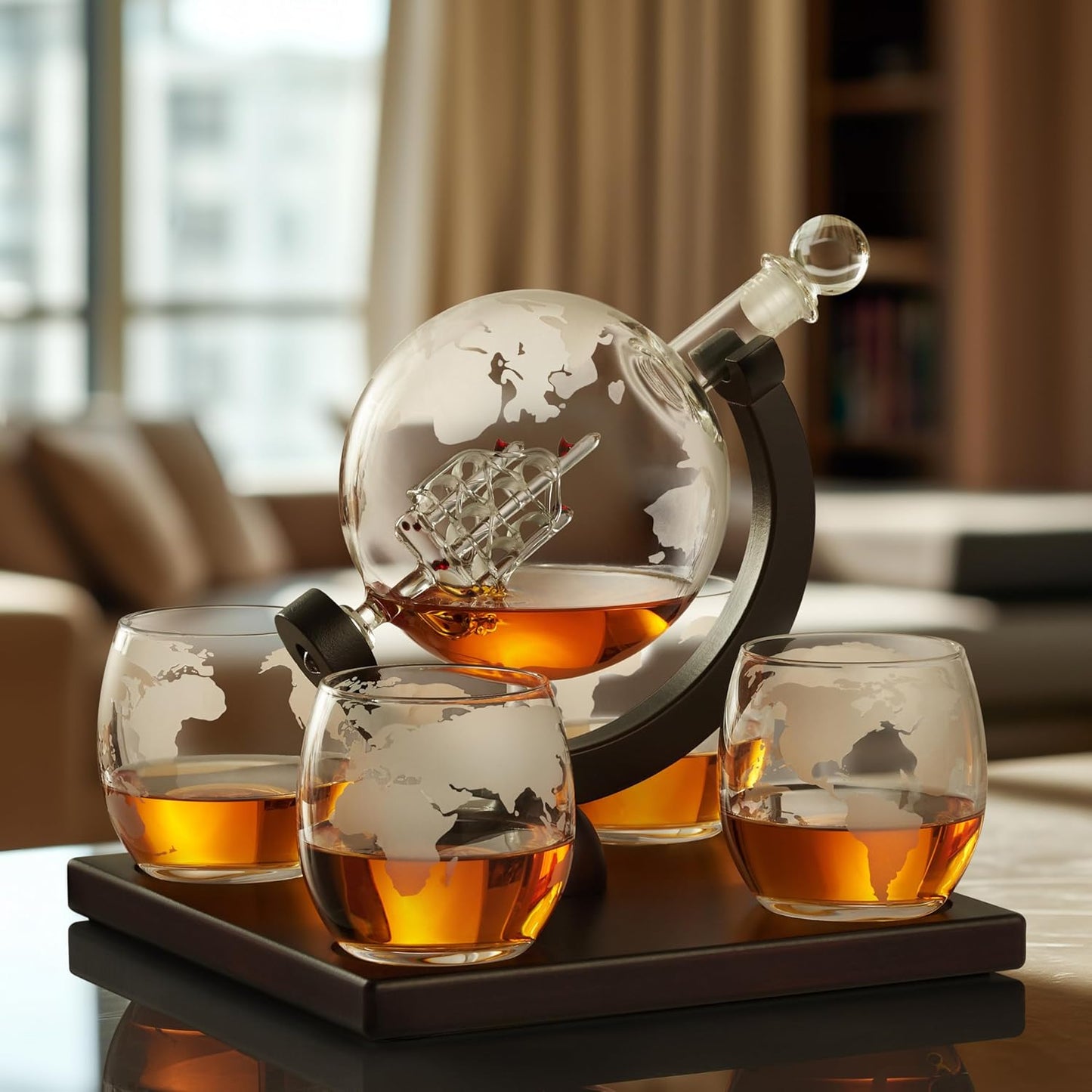 Whiskey Decanter Globe Set for Men with 4 Glasses, Bourbon, Rum, Scotch, Crystal Clear Decanter Sets - Whiskey Gifts for Men Dad Him (Globe Decanter)