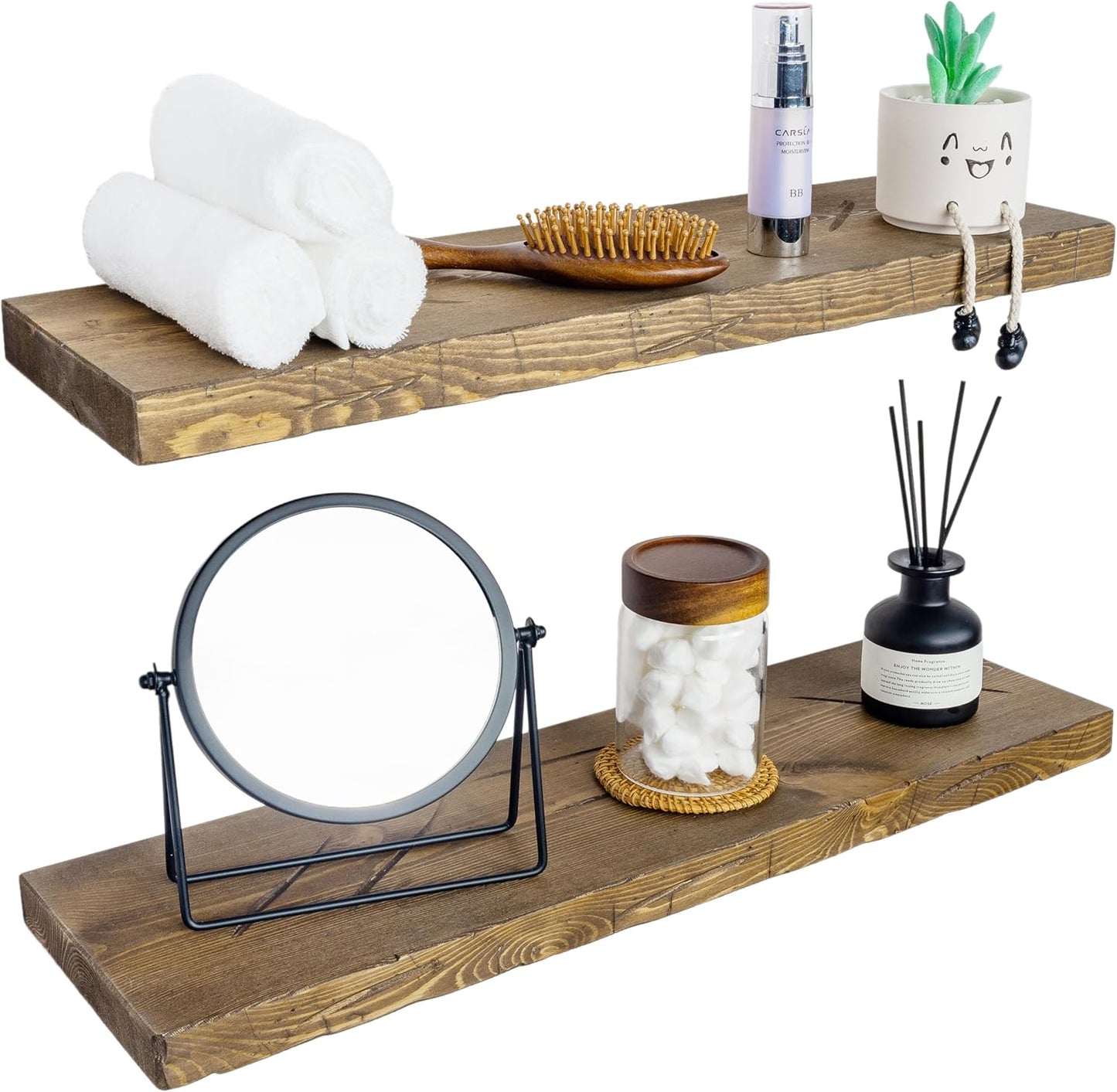 BGMG 30 inch Distressed Walnut Floating Shelves for Wall,High End Solid Real Wood 30 in Floating Shelf,Rustic Wooden Wall Mount Shelves Set of 2,Heavy Duty Bracket,30x6.7x1.25 inch