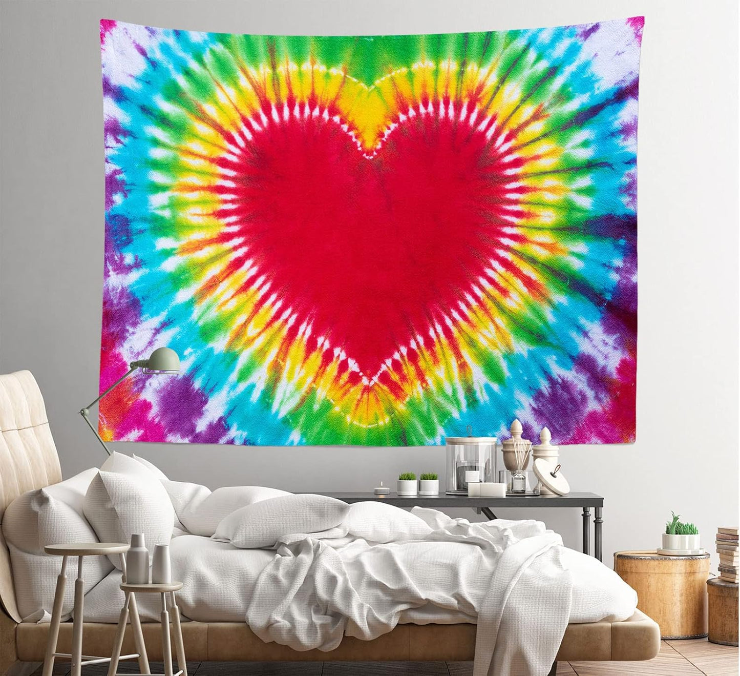 Loccor Colorful Tie Dye Tapestry Rainbow Heart Tie Dye Watercolor Wall Hanging Abstract Hippie Wall Decor LBGT Party Supplies Home Bedroom Living Room Decor W80 xH60 inches