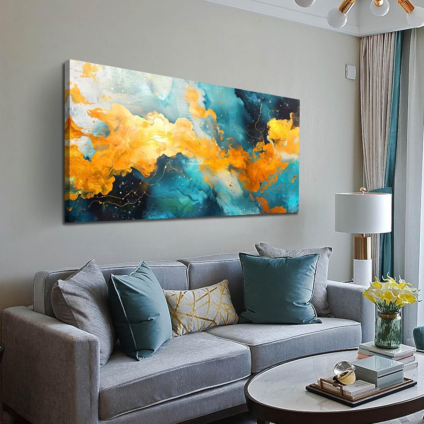 LAOTOART Colorful Abstract Canvas Art - Teal and Yellow Wall Art Living Room - Girls Bedroom Wall Decor Size 24" x 48"