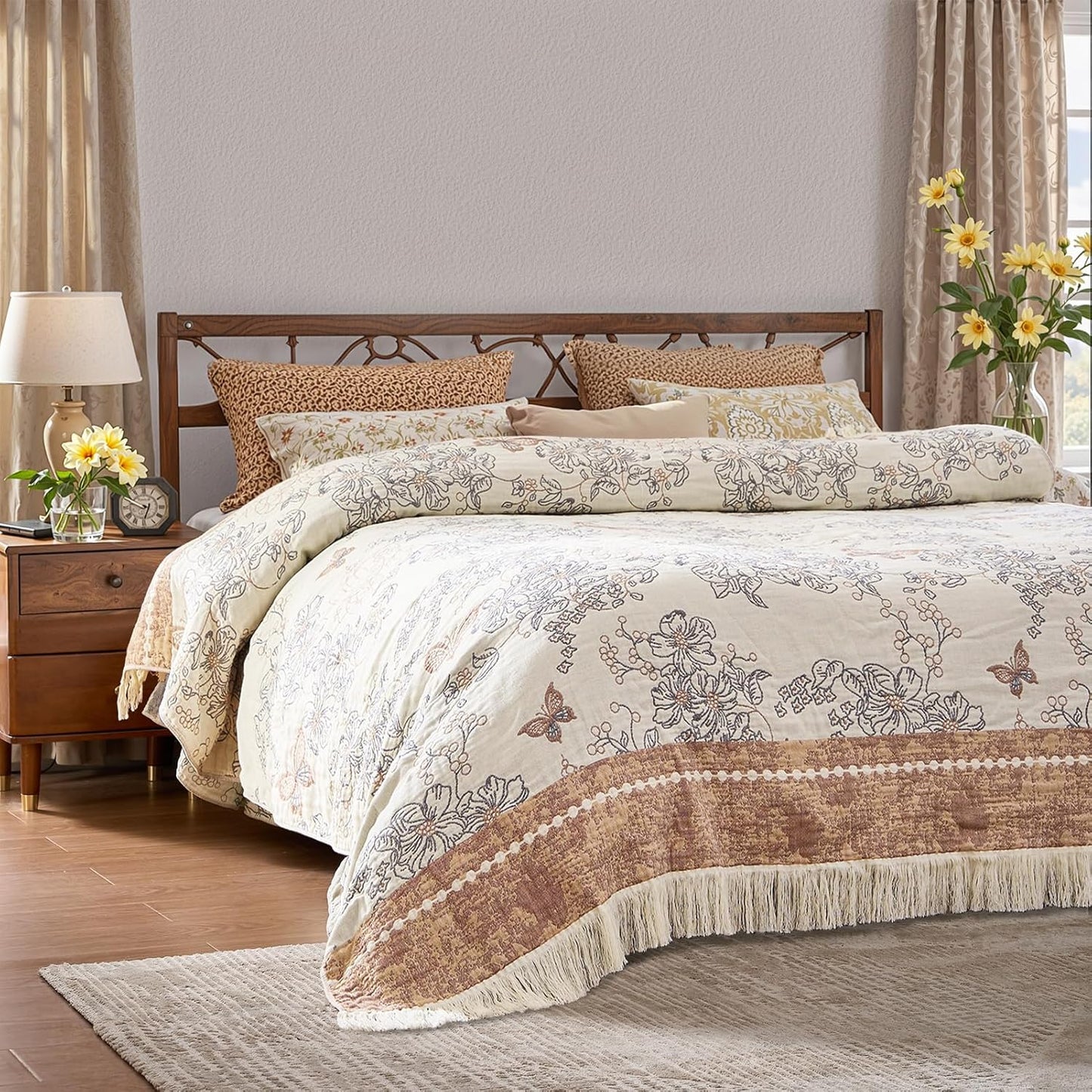 JINCHAN Boho Floral 100% Cotton Blanket 4-Layer Throw Blanket with Tassel Taupe and White Flower Butterfly Soft Luxury Rustic Farmhouse Decor Blanket for Couch Bed 80x90 inch All Season gift for women