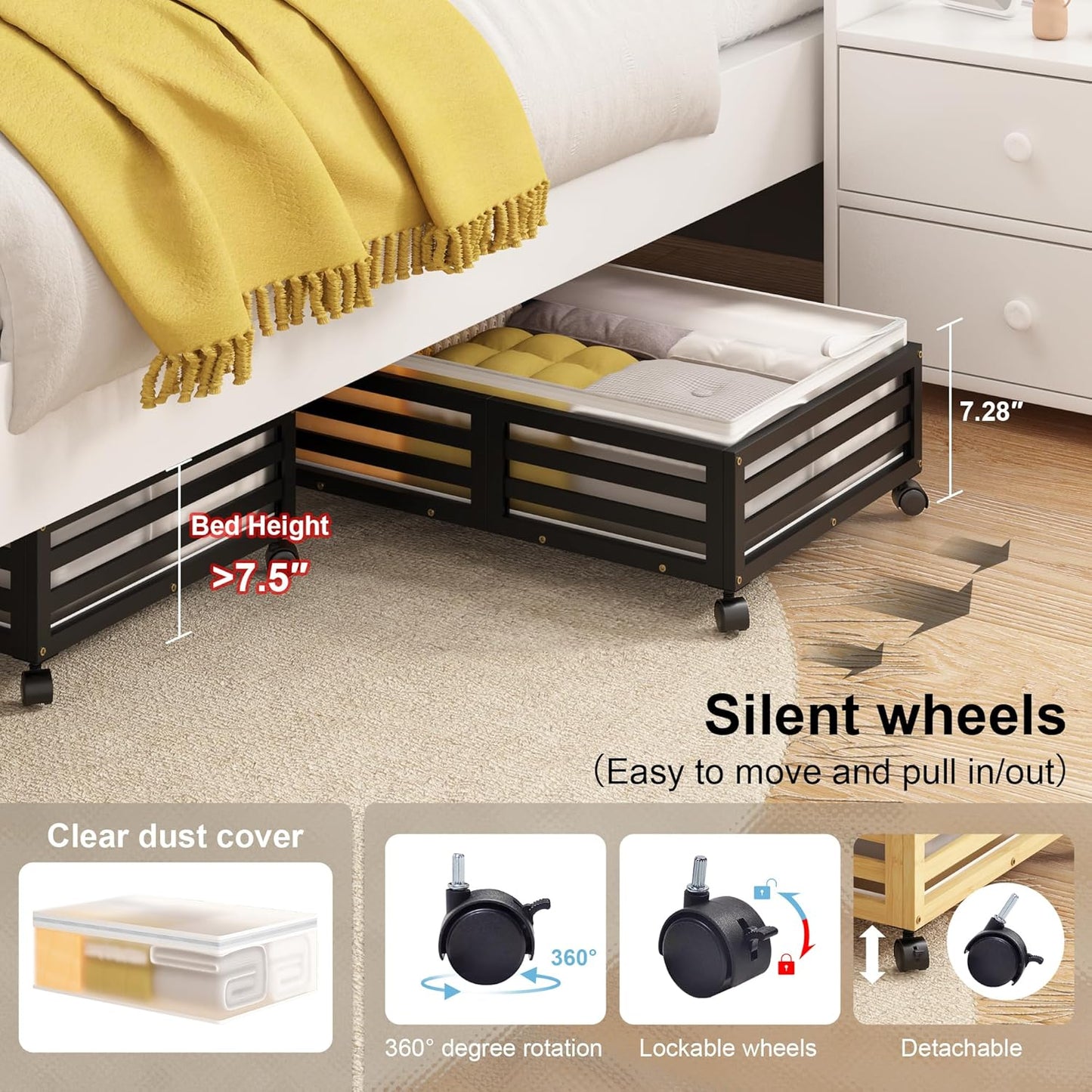 Under Bed Storage with Wheels-Large Bamboo Underbed storage Containers with Large Dust Bag Stackable Under the Bed Shoe Storage Bins for Clothes Books Bedding (2 Packs Black, 23.62"L×16.54"W× 6.51"H)