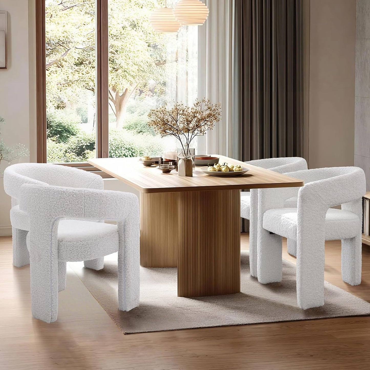 White Boucle Dining Chairs Set of 4, Modern Barrel Dining Room Chairs Upholstered Faux Fur Accent Chair with Arms and Round Back for Living Room Kitchen Armchair No Assembly Needed