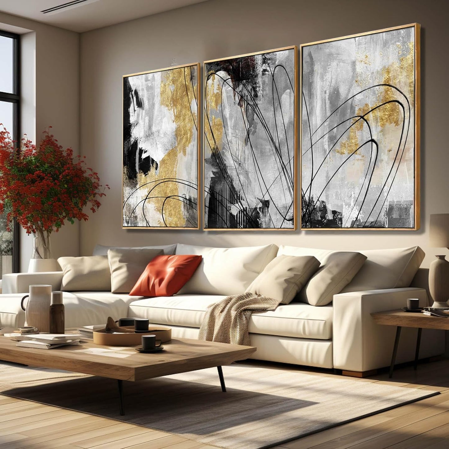 YJYart Gold Wall Art Abstract Wall Art Living Room Decor Black and White Canvas Picture Home Decor Wooden Frame Line Paintings Modern Artwork Office Decor 24"x 36"x 3 Pieces