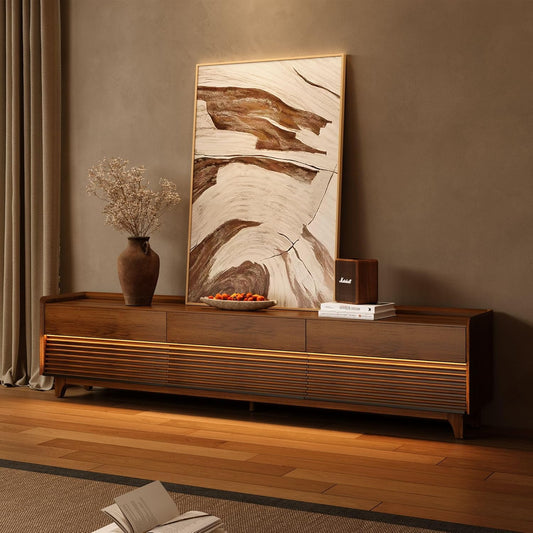 POVISON Fully-Assembled Mid Century Modern TV Stand with Legs, Wood Media Console with Adjustable LED Light for 85-inch TVs, Entertainment Center with Storage for Living Room