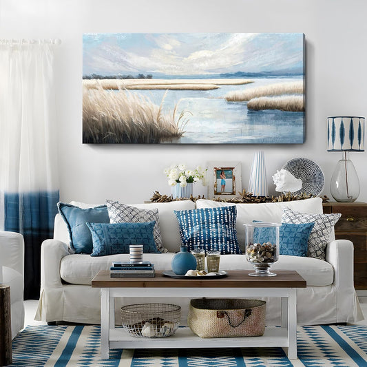 amatop Large Coastal Wall Art Abstract Landscape Beach Ocean Marsh Canvas Print Calming Soft Blue and Beige Wetland Picture Minimalist Neutral Nature Artwork for Bedroom Living Room Office 48x24