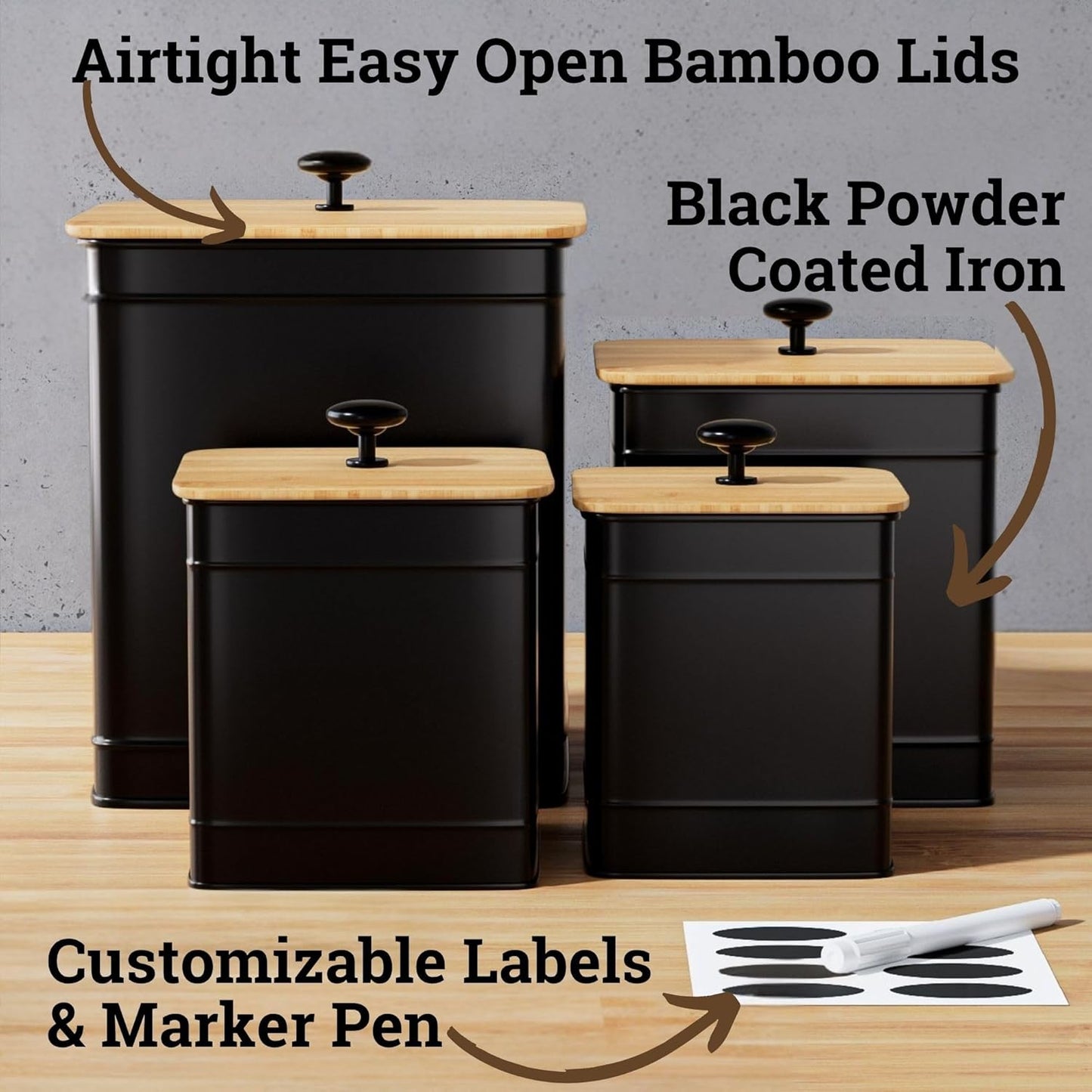 Kitchen Canisters for Countertop Set of 4 with Customizable Chalkboard Labels & Marker Pen - Big Iron Kitchen Canisters with Airtight Lids - Black Canister Set - Flour and Sugar Containers Farmhouse