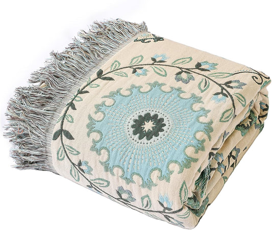 Snycler Boho Throw Blanket for Bed - 100% Cotton Ultra Soft Rustic Quilt - Blue Boho Floral Printed Farmhouse Decor Bed Blankets, 91"×98" All Season Rustic Throw for Sofa Couch Chair
