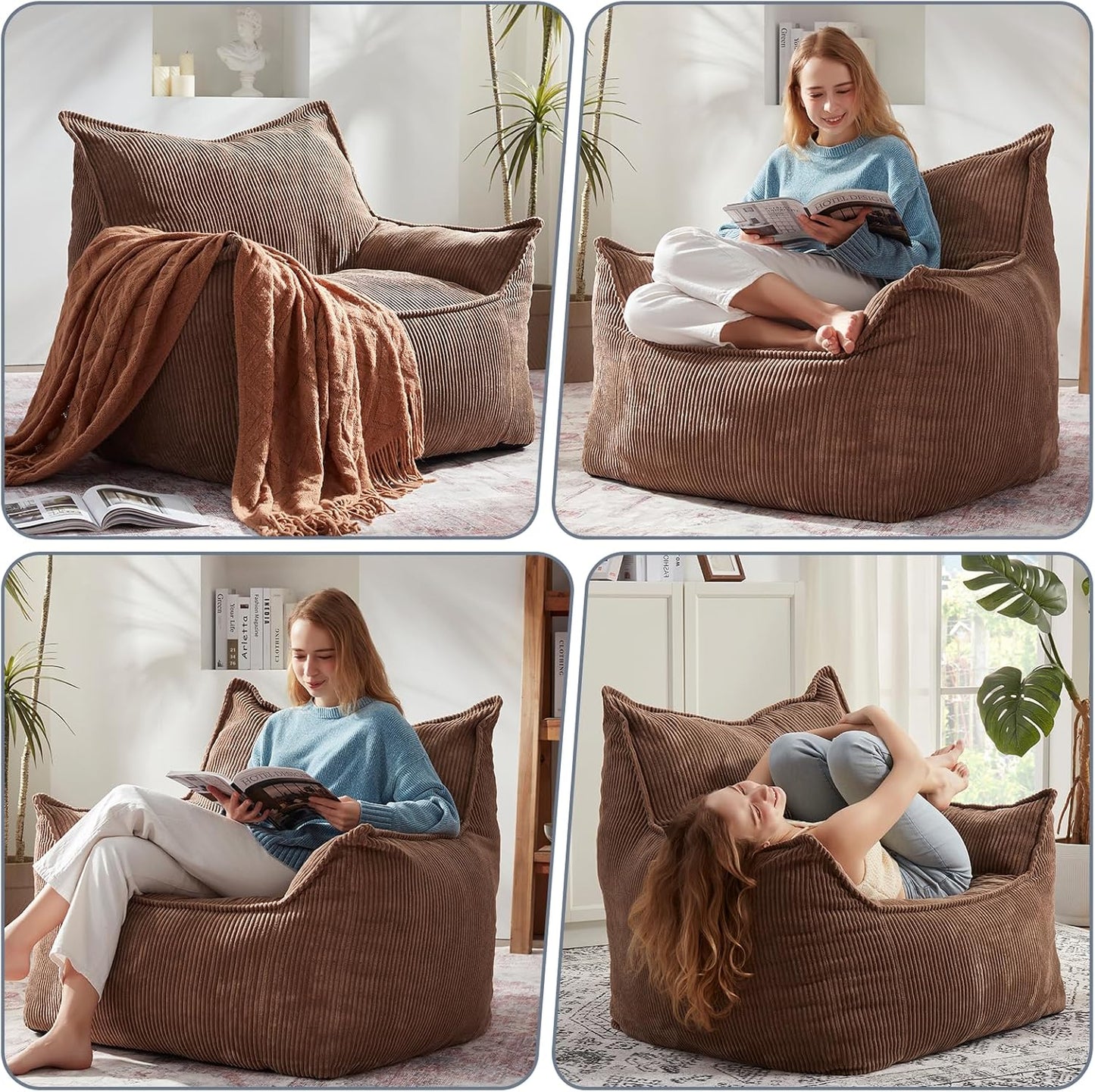 Giant Bean Bag Chair Sofa for Adults Teens, Comfy Corduroy Large Bean Bag Chairs with Armrests for Bedroom Living Room, Adult BeanBag Lazy Sofa Couch Chairs with Filler Included