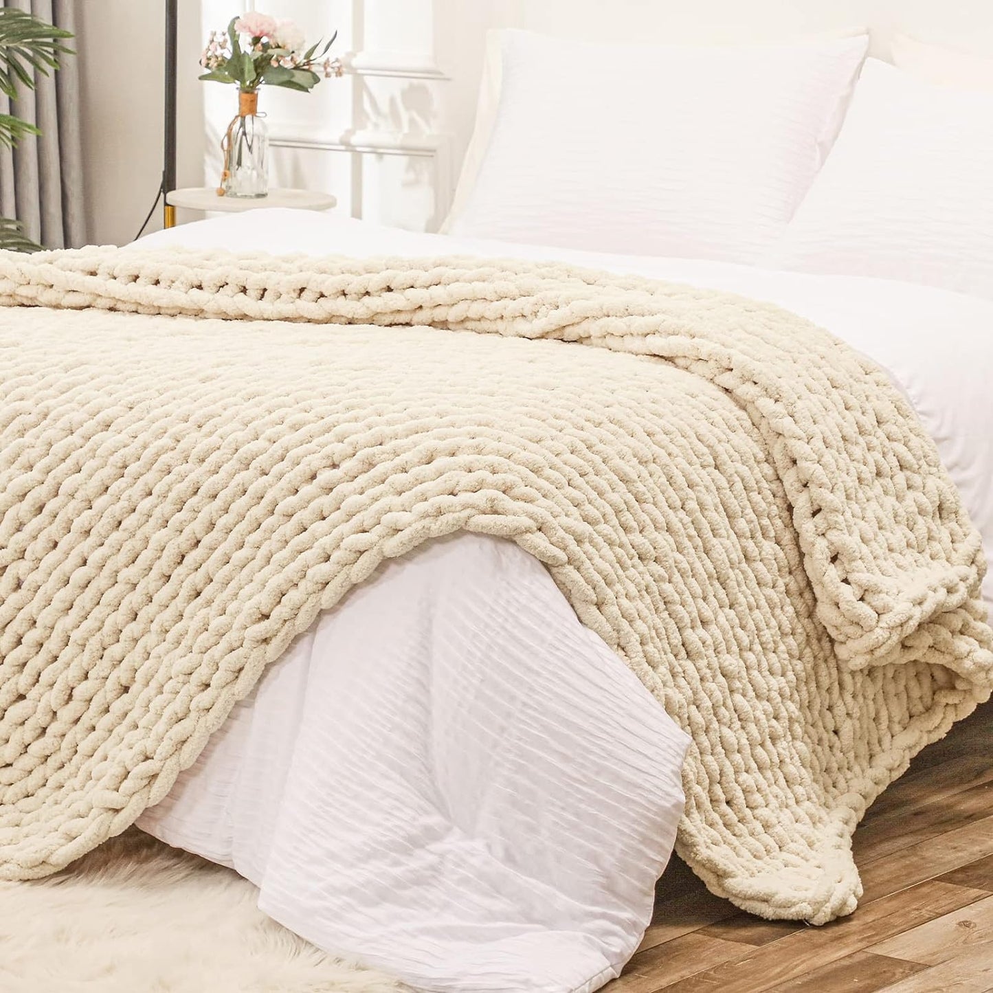 Bigacogo Chunky Knit Throw Blanket for Couch, 80x90 inches, 100% Hand Knitted with Thick Jumbo Chenille Yarn, Cozy Soft Large Rope Knot Cable Crochet Blankets for Sofa Bed Living Room, Beige