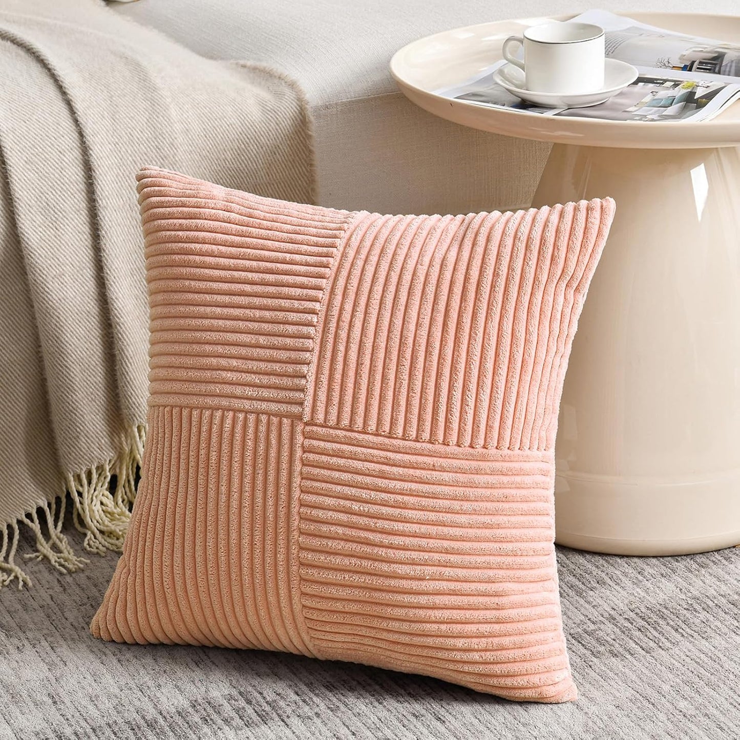 Fancy Homi 2 Packs Peach Decorative Throw Pillow Covers 18x18 Inch for Living Room Couch Bed Sofa, Rustic Boho Farmhouse Home Decor, Soft Corss Corduroy Patchwork Textured Square Cushion Case 45x45 cm