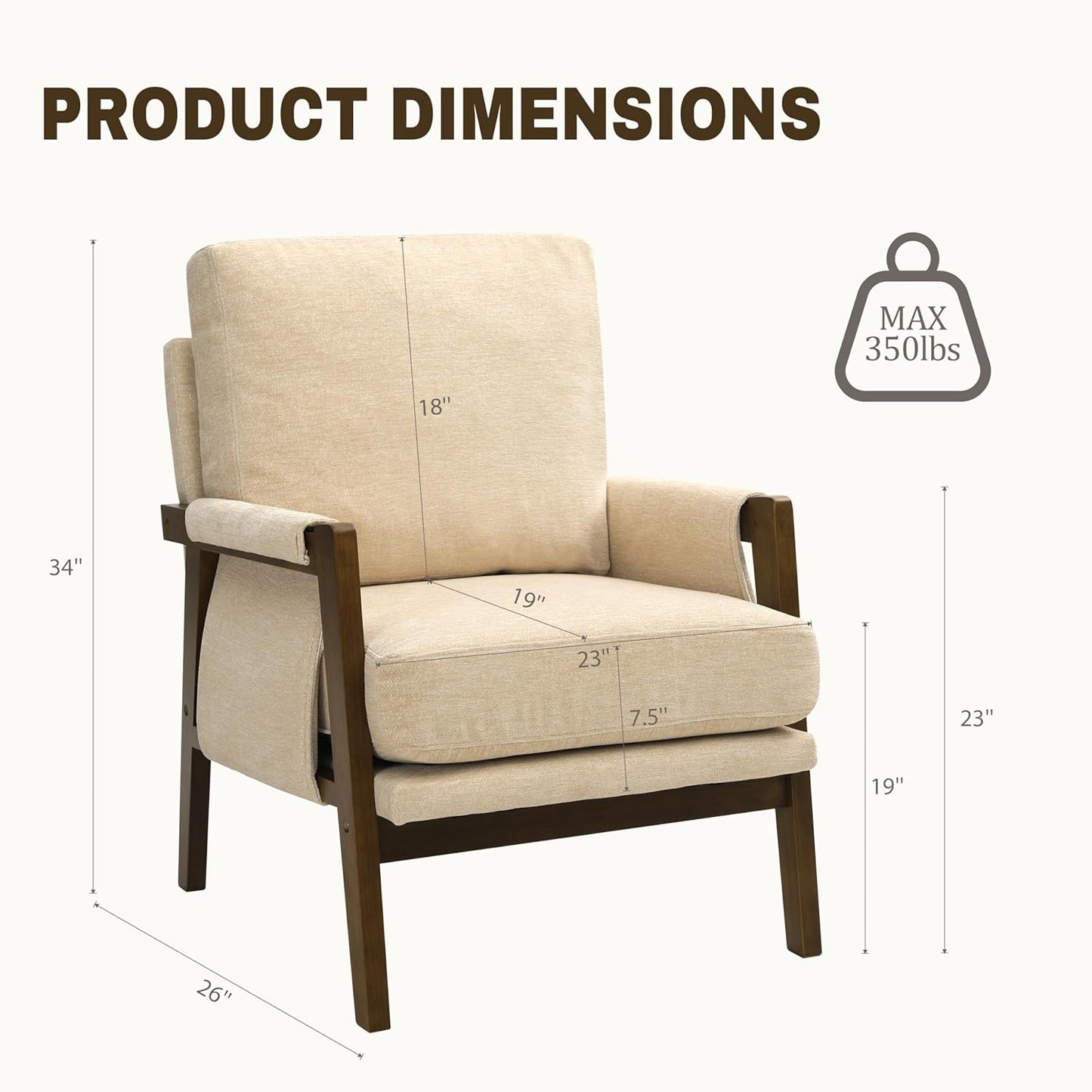 Modern Accent Chair for Living Room Mid Century Arm Chair Upholstered Bedroom Chair Comfy Lounge Chair with Solid Wood Frame, Beige