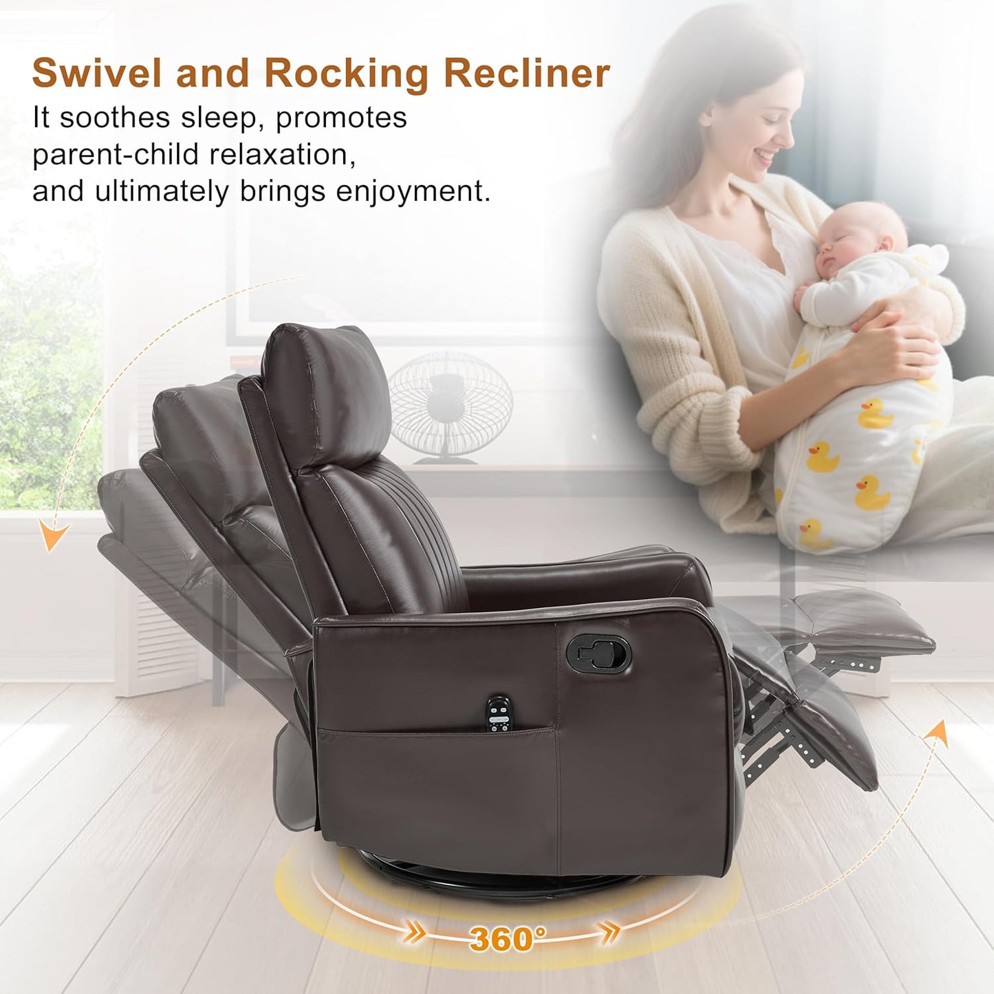Manual Swivel Rocker Recliner Chair for Adults, Overstuffed Reclining Glider Chair for Nursing with Vibration Massage & Heat, Living Room Rocking Recliner 2-Stage backrest, Faux Leather Brown
