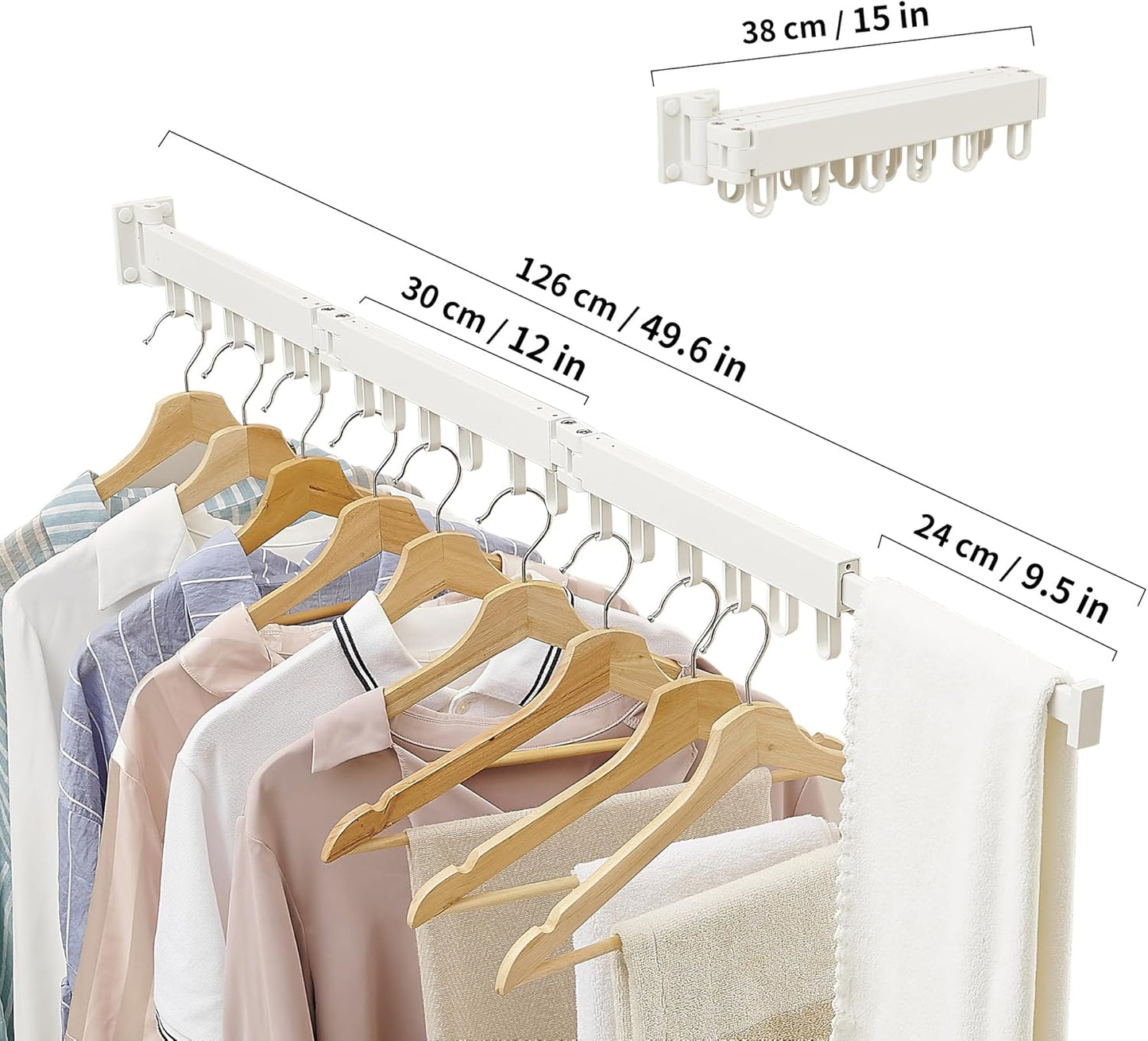 Clothes Drying Rack Wall Mounted, Laundry Drying Rack Collapsible, Space Saving Wall Drying Rack Clothing Foldable, Tri-Fold Retractable Rack Outdoor Indoor with 18 Hooks(White，Loop-Shape Hooks)
