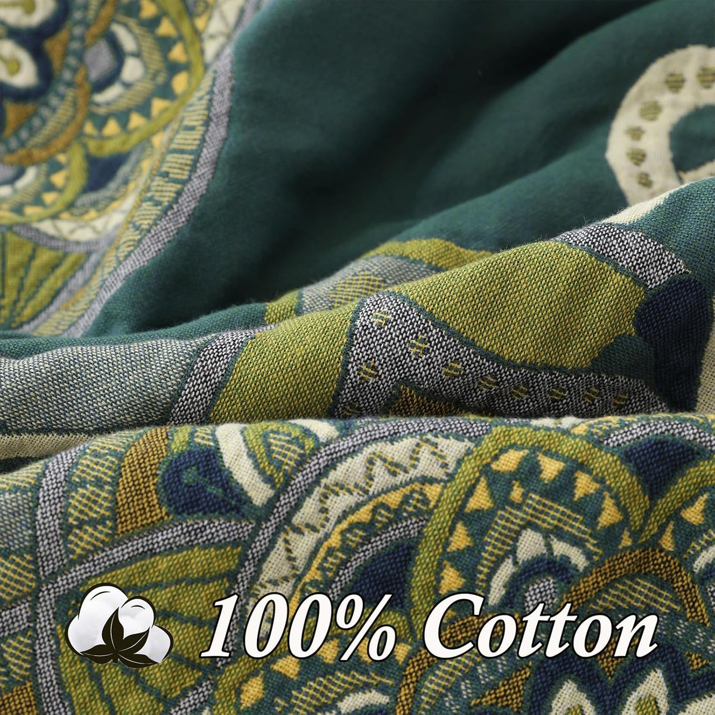 Snycler Boho Throw Blanket for Bed - 100% Cotton Ultra Soft Rustic Quilt - Green Boho Floral Printed Farmhouse Decor Bed Blankets, 60"×80" All Season Rustic Throw for Sofa Couch Chair