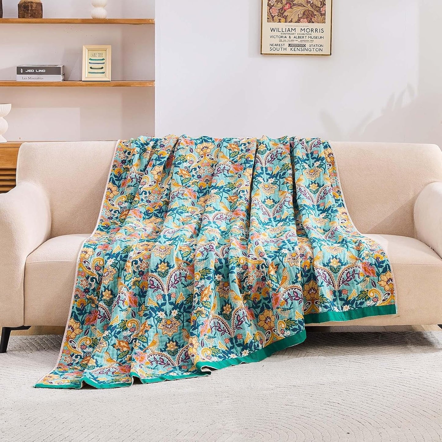 Boho Blanket Throw Quilt, 100% Cotton Soft Light Weight Throw Blankets for Summer, 90"x98" Farmhouse Flower Decorative Blankets, All Season Rustic Reversible Bohemian Throw Quilt