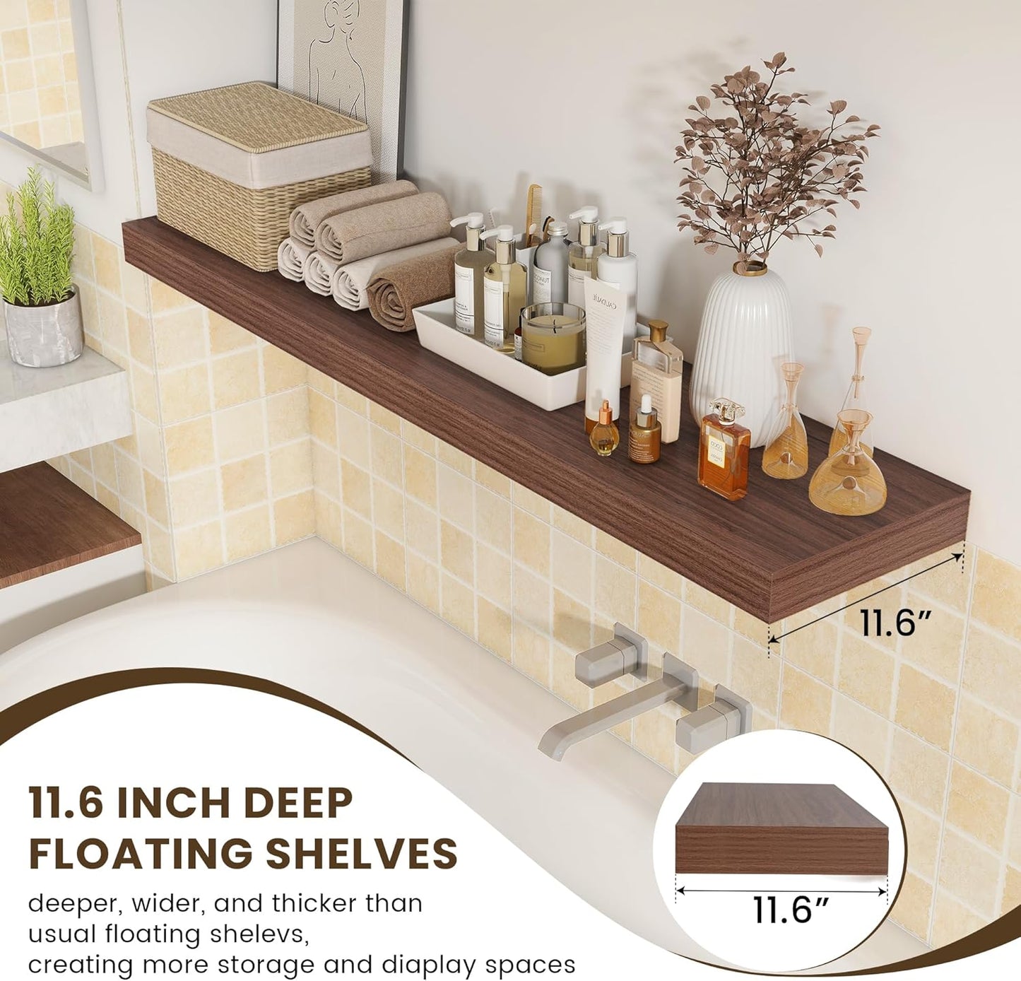 Deep Floating Shelves for Wall - 55 Inch Wide x 12 Inch Deep Wall Shelves Set of 1 - Rustic Walnut Color Wood Shelves for Living Room, Bathroom, Laundry Room, Bedroom, Kitchen, Home Office