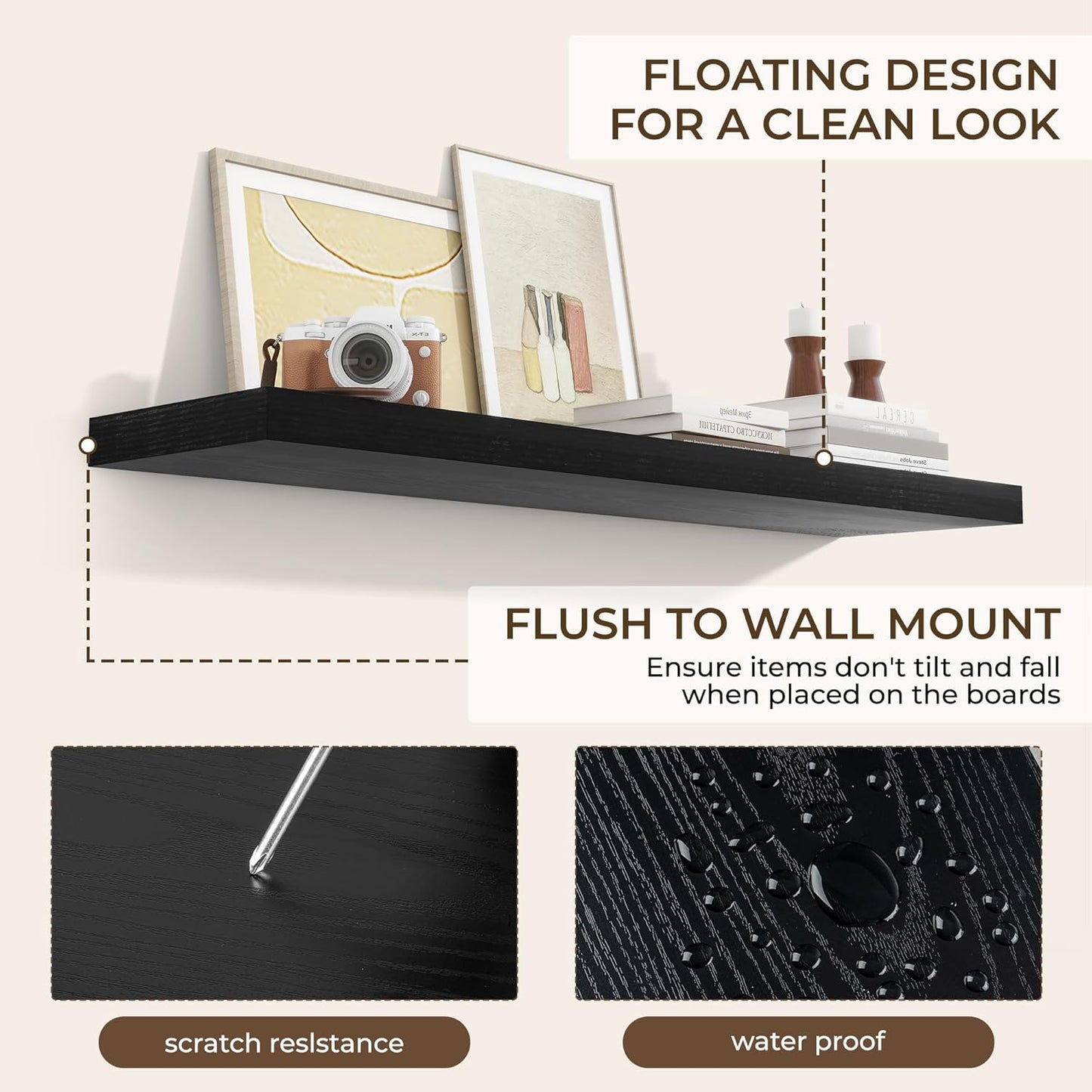 RICHFOCUS 40Inch Floating Shelves for Wall 2 Pack Shelves for Bedroom|Kitchen|Bathroom Wall Mounted Rustic Wood Floating Shelf with Invisible Brackets for Books|Storage|Decor, Black