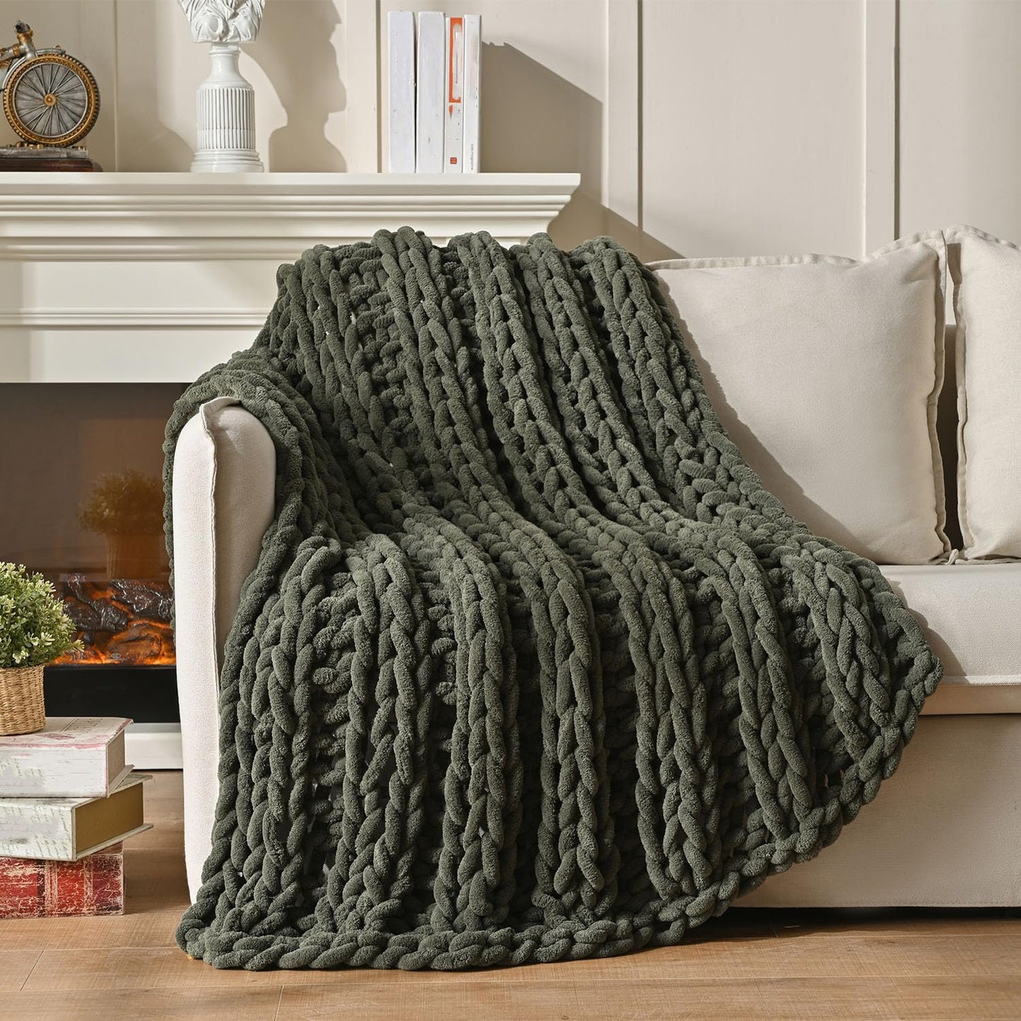 Esterra Chunky Knit Blanket Throw, 100% Handmade Chenille Throw Blanket 40"x50", Soft Thick Yarn Cable Knit Crochet Throw Blanket Rope Knot Throw for Couch Bed Sofa, Dusty Olive