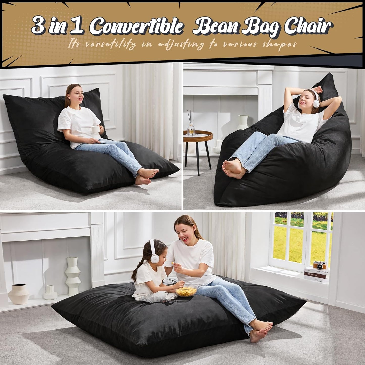 Hobestluk 3 in 1 Bean Bag Chair Giant Bean Bag Chairs for Adults with Velvet Cover Convertible Bean Bag Floor Cushion with Machine Washable Cover for Living Room (Velvet Black)