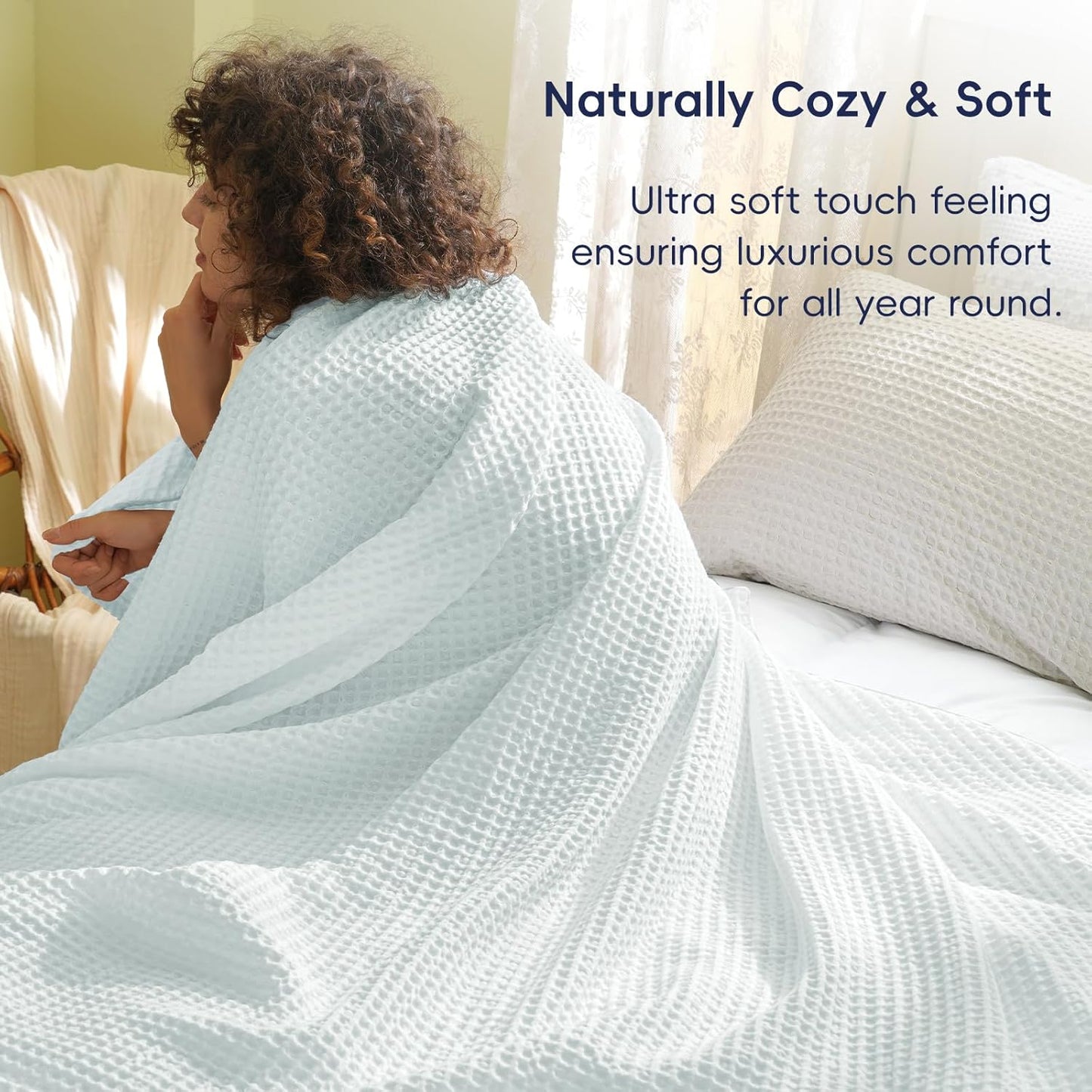PHF Ultra Soft Waffle Weave Blanket King Size 104"x 90"- Washed Lightweight Breathable Cozy Woven Blanket for Bed - Aesthetic Decor for Couch Bedding Sofa Home Car - Ice Blue