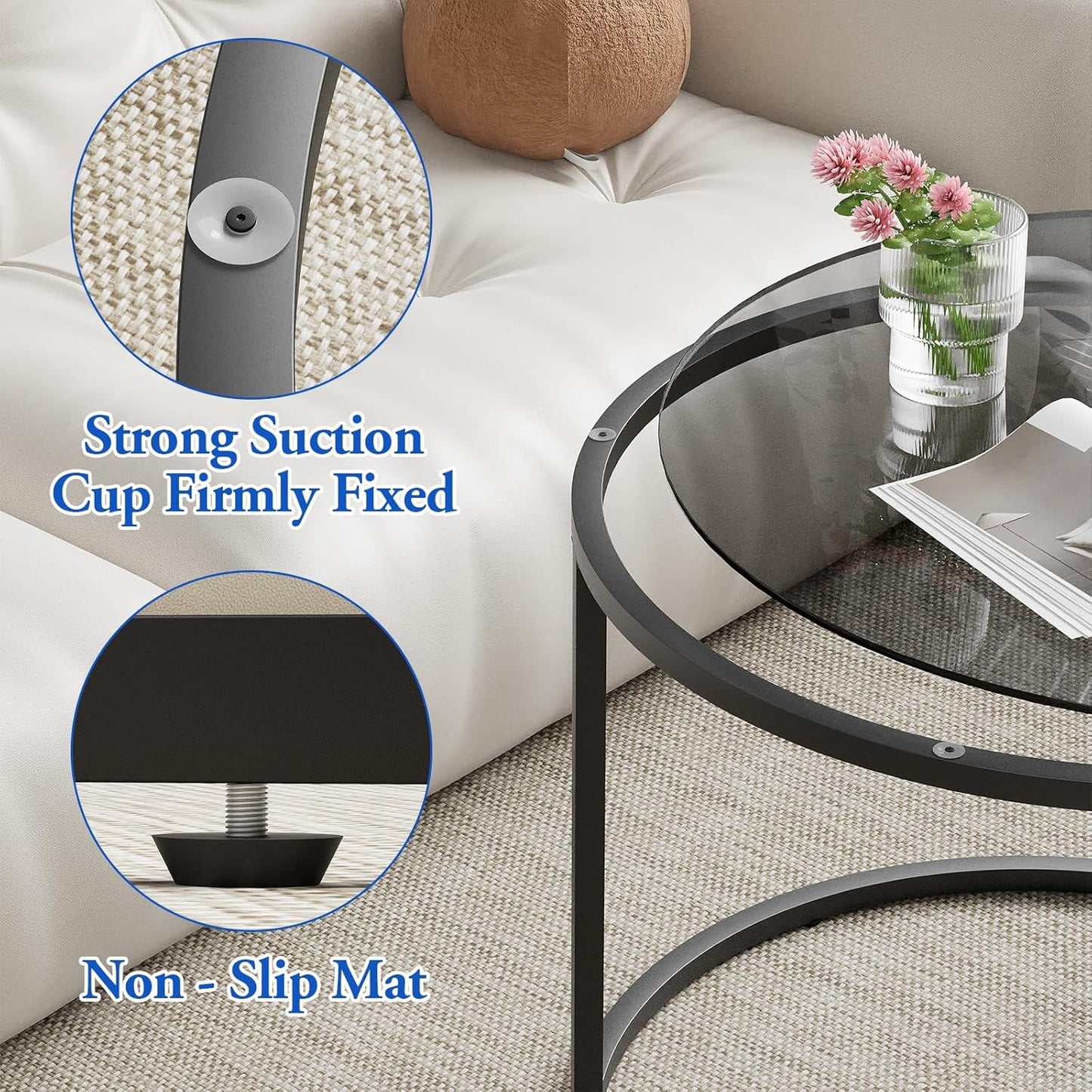 aboxoo Nesting Coffee Table Grey Glass Table Set of 2, Small Round Glass Nesting Tables for Living Room Bedroom, Accent Tea Table with Metal Frame Modern Industrial Simple