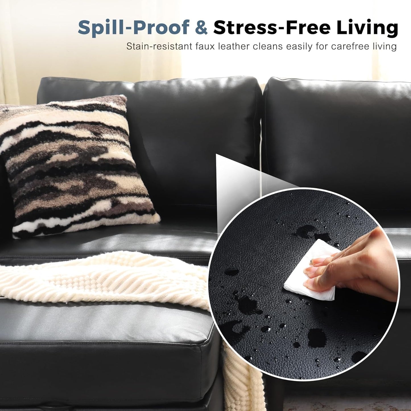 ABCASA Oversized 145.5" Faux Leather Modular Sectional Sofa, Modern Large 10 Seater U Shaped Couch with Storage Seat with Reversible Chaise Deep Seat for Living Room DIY Combination - Black